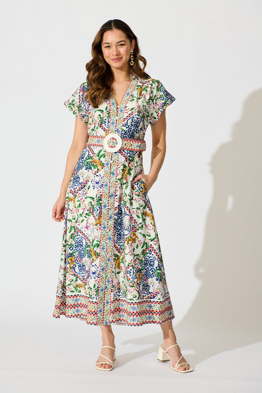 Portofino Bloom Midi Dress in White with Multi Print