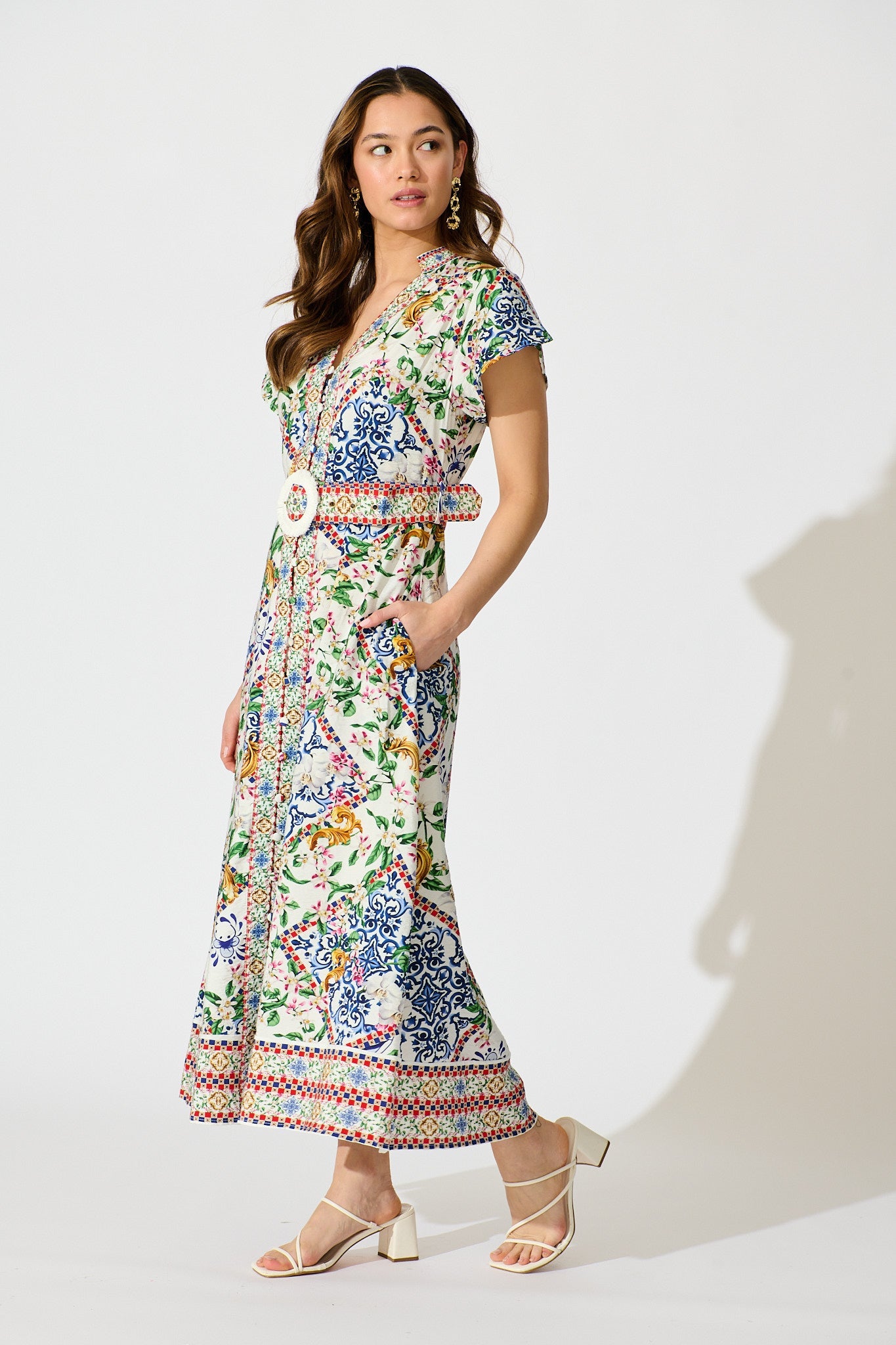 Portofino Bloom Midi Dress in White with Multi Print