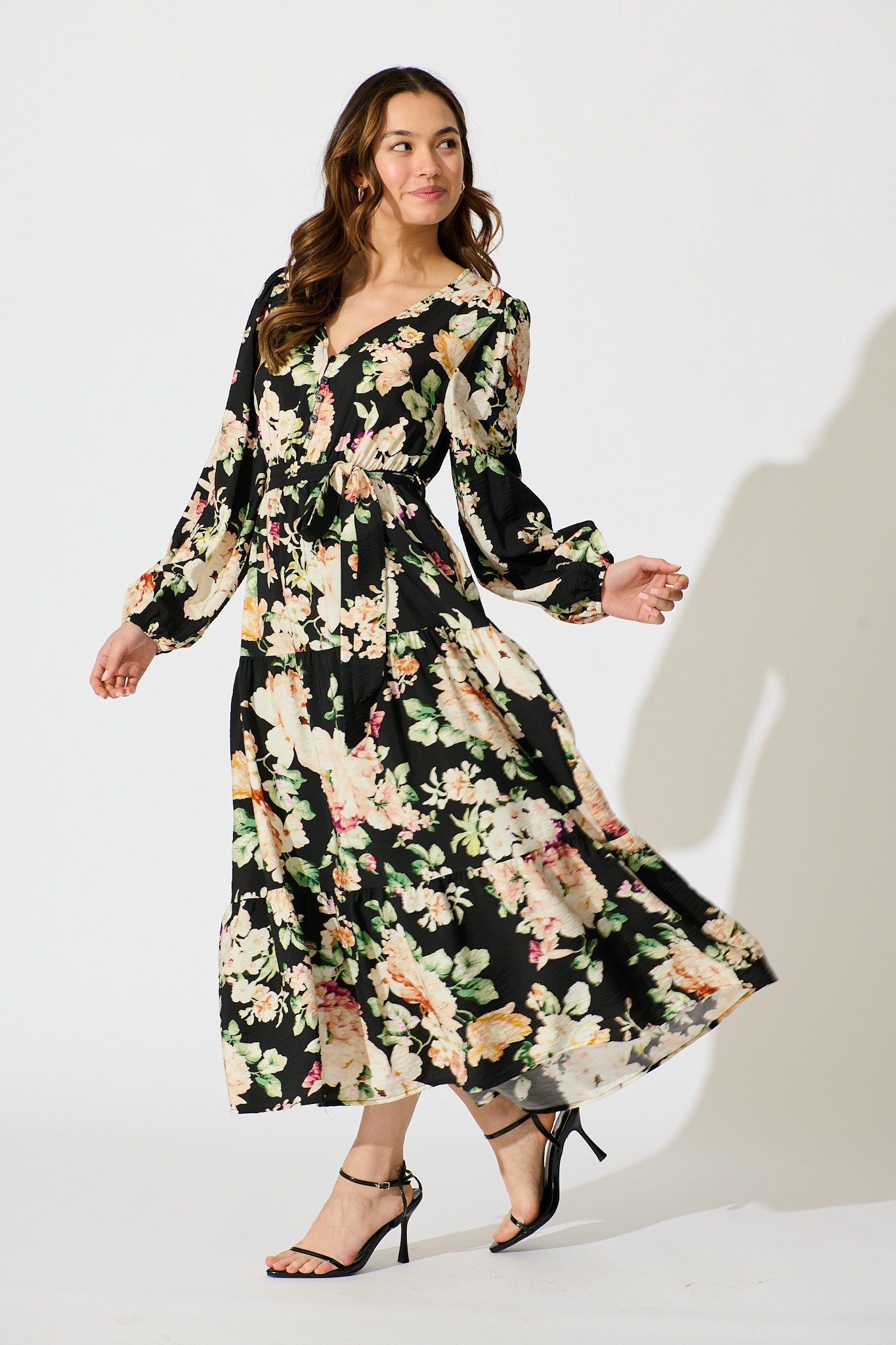 Zodie Midi Dress in Black Multi Floral Print