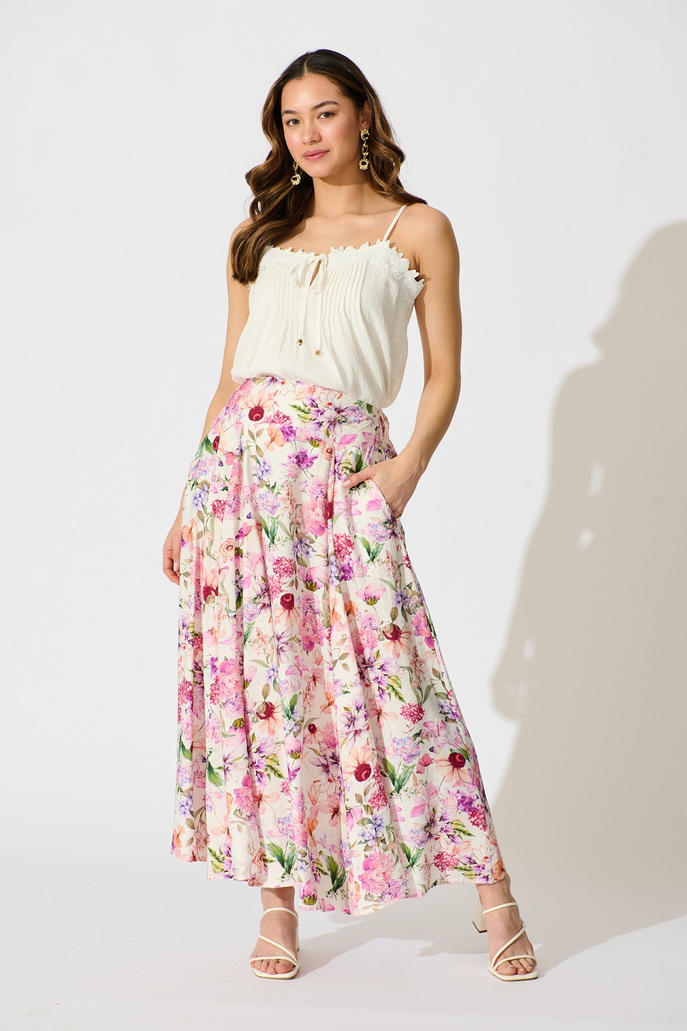 Brandsy Maxi Skirt in White with Lilac Floral