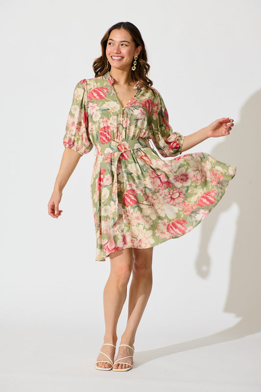 Vintage Blossom Dress in Sage with Blush Floral