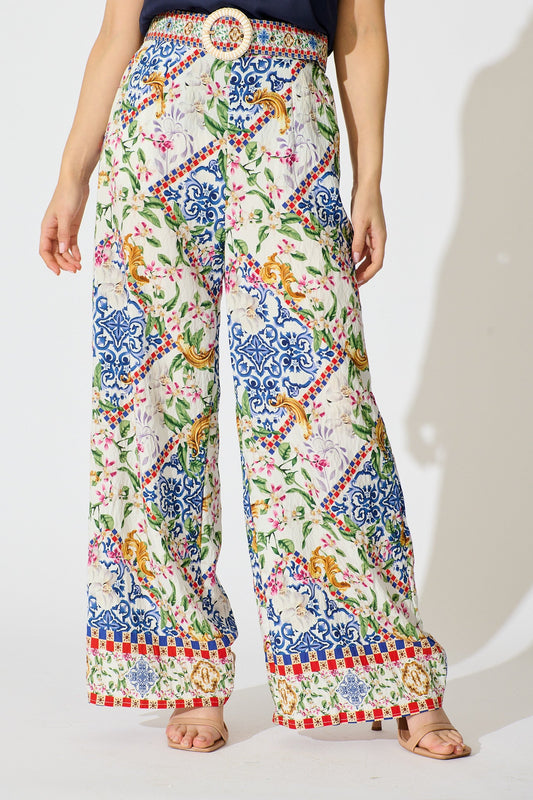 Villa Botanica Pant in White with Multi Print