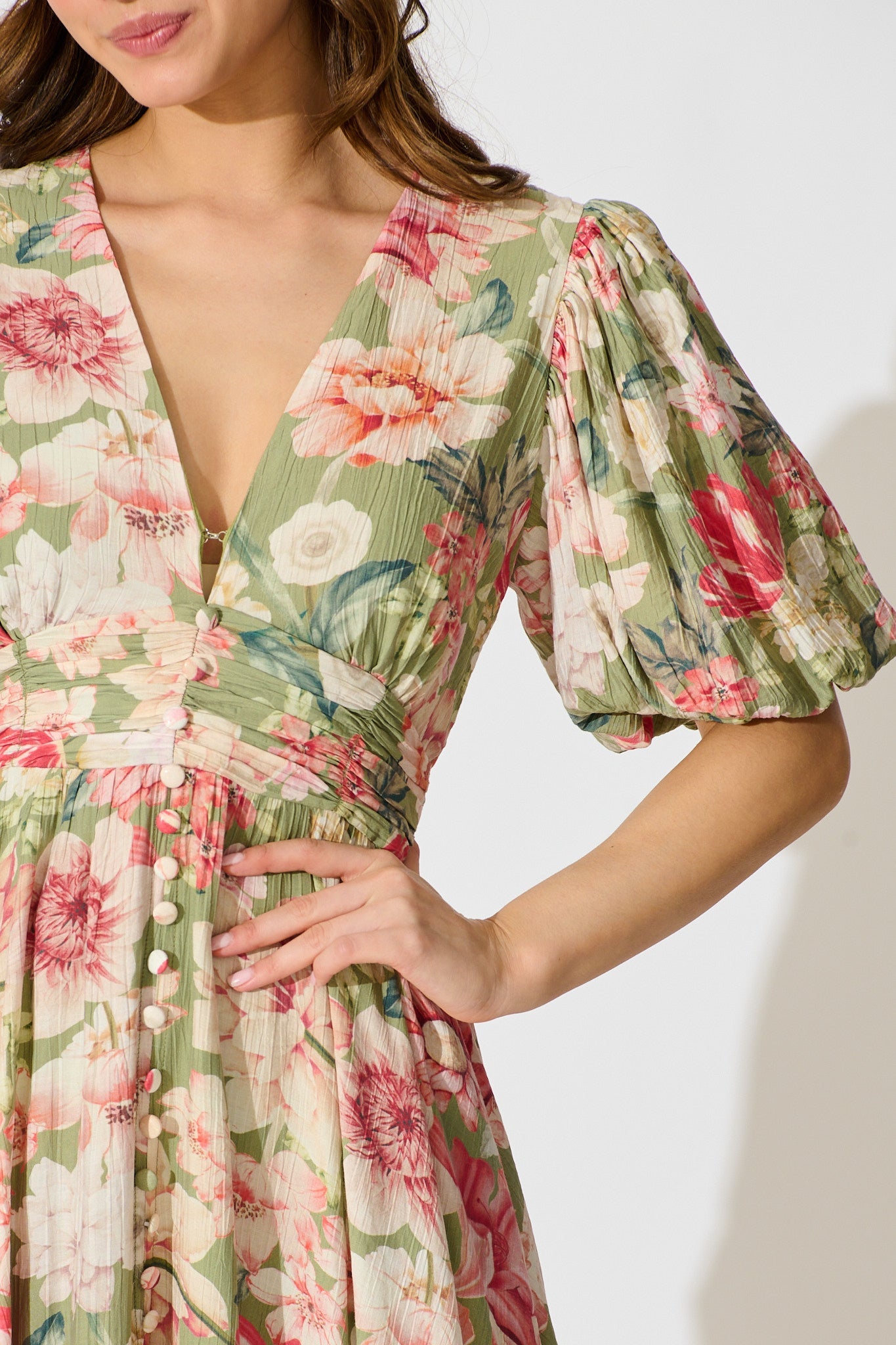 Botanical Romance Maxi Dress in Sage with Blush Floral