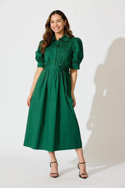 Mila Midi Dress in Emerald Cotton