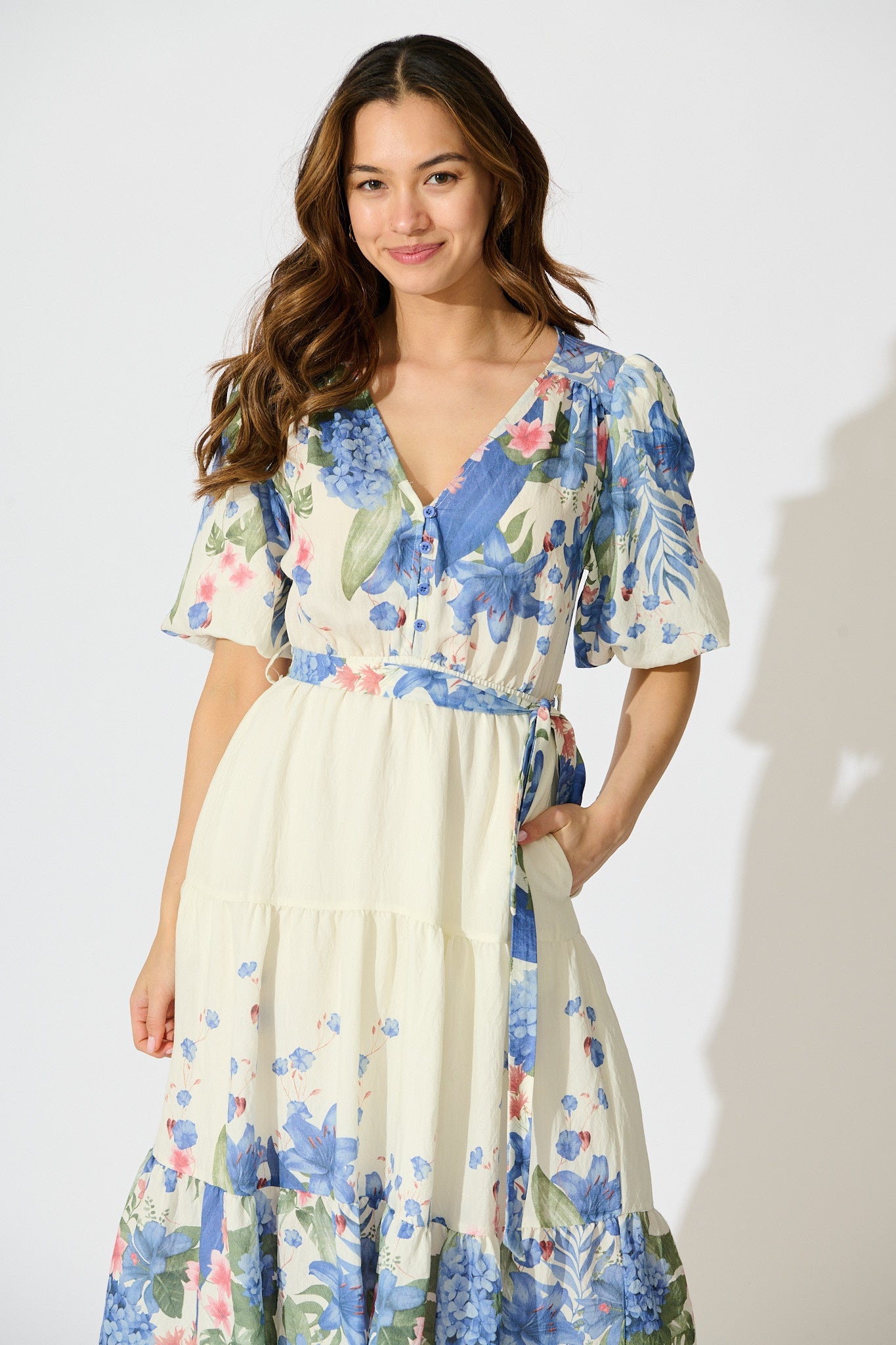 Mae Midi Dress in Cream with Blue Floral Print