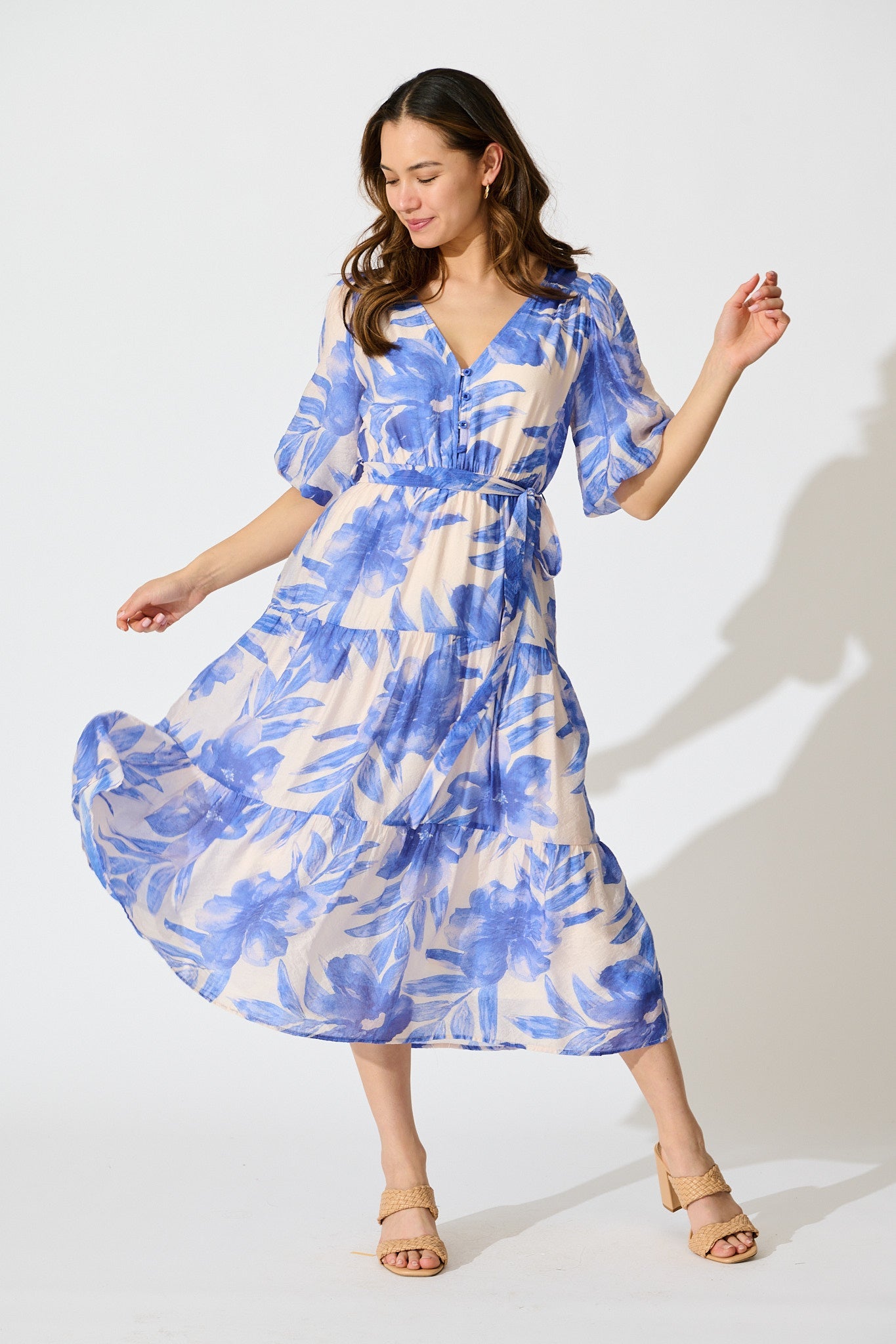 Lumora Midi Dress in Blush with Blue Floral Print