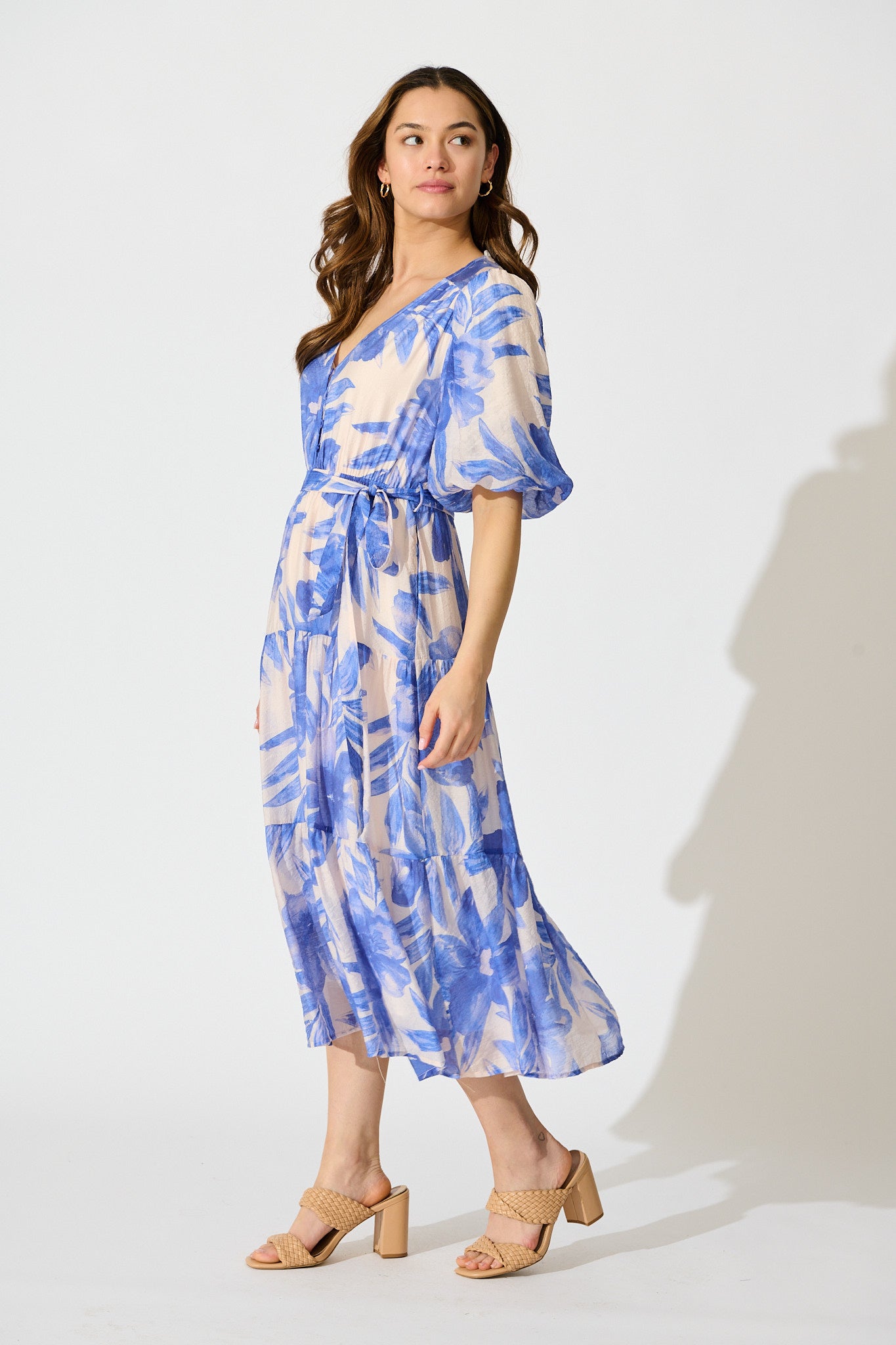 Lumora Midi Dress in Blush with Blue Floral Print