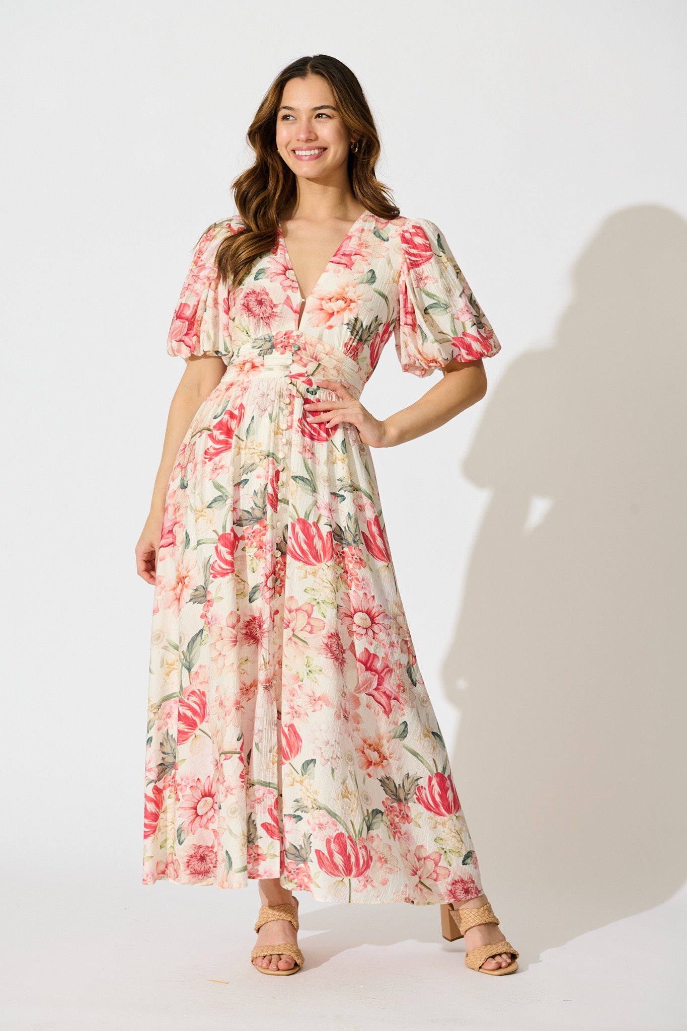Botanical Romance Maxi Dress in Cream with Multi Floral