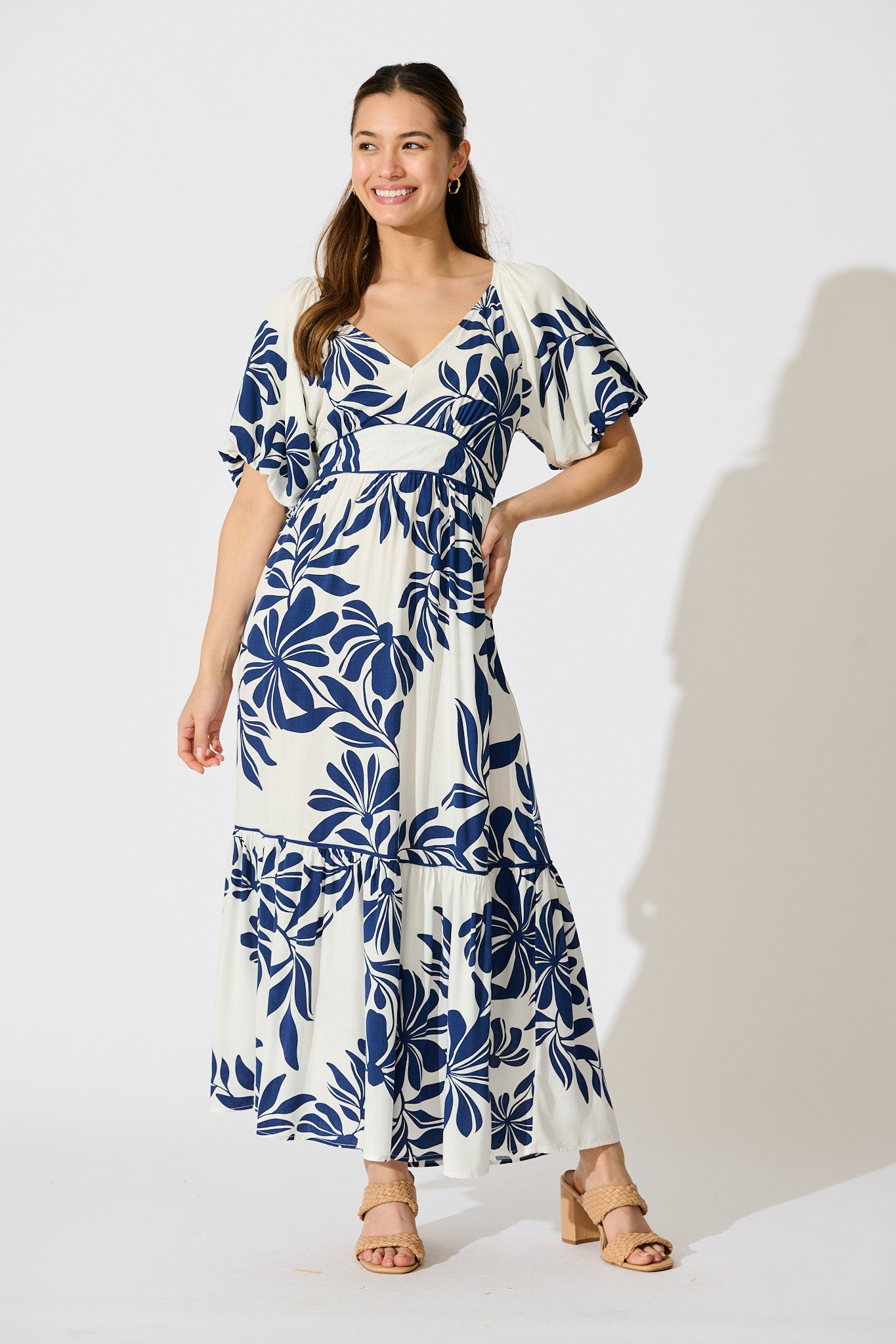 Delphinia Midi Dress in White with Navy Leaf Linen Blend