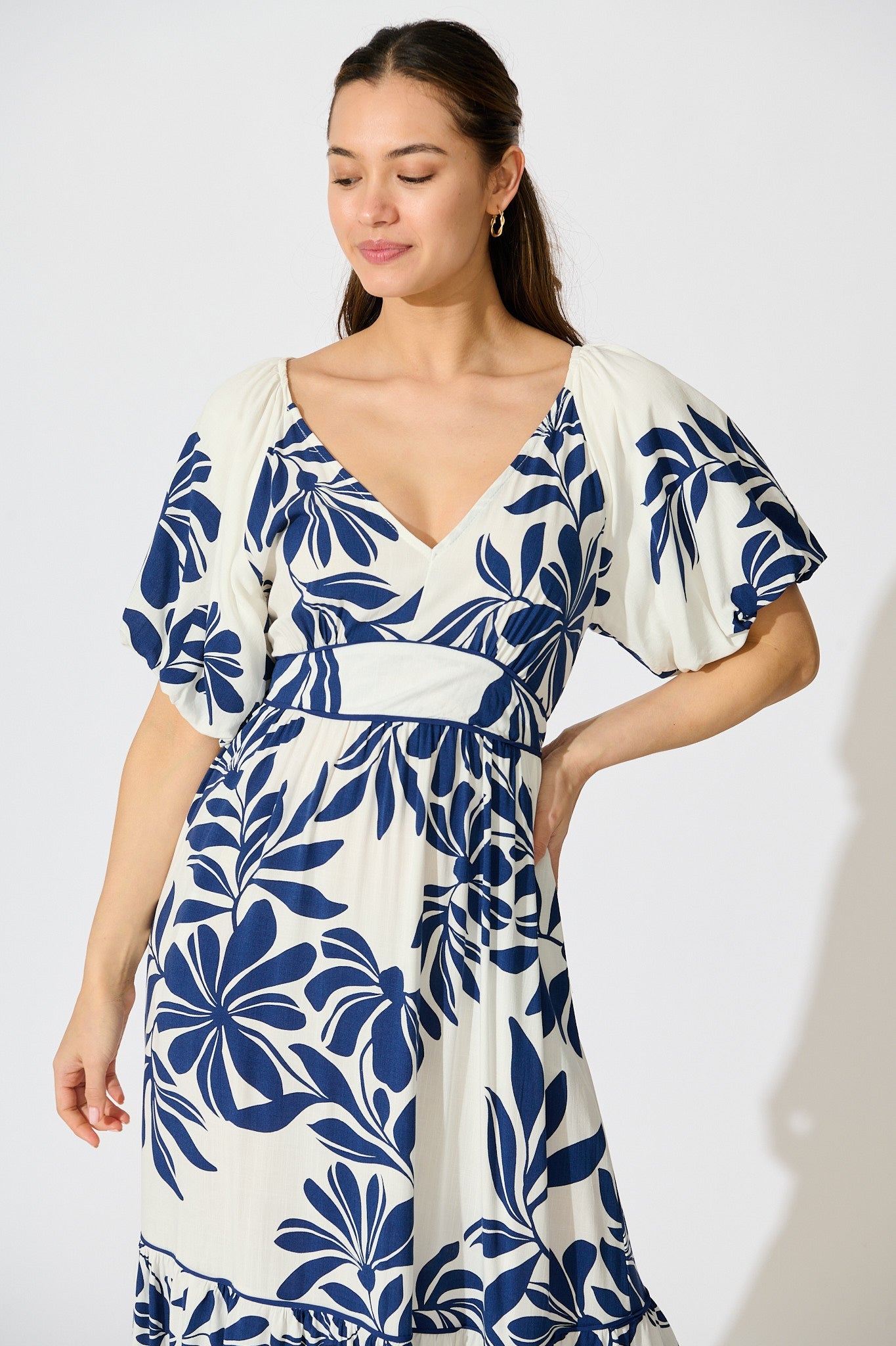 Delphinia Midi Dress in White with Navy Leaf Linen Blend