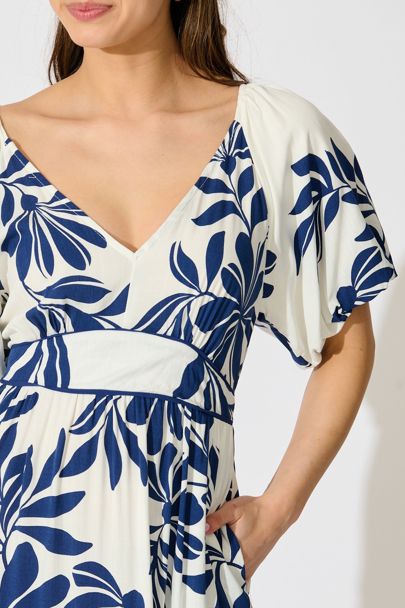 Delphinia Midi Dress in White with Navy Leaf Linen Blend