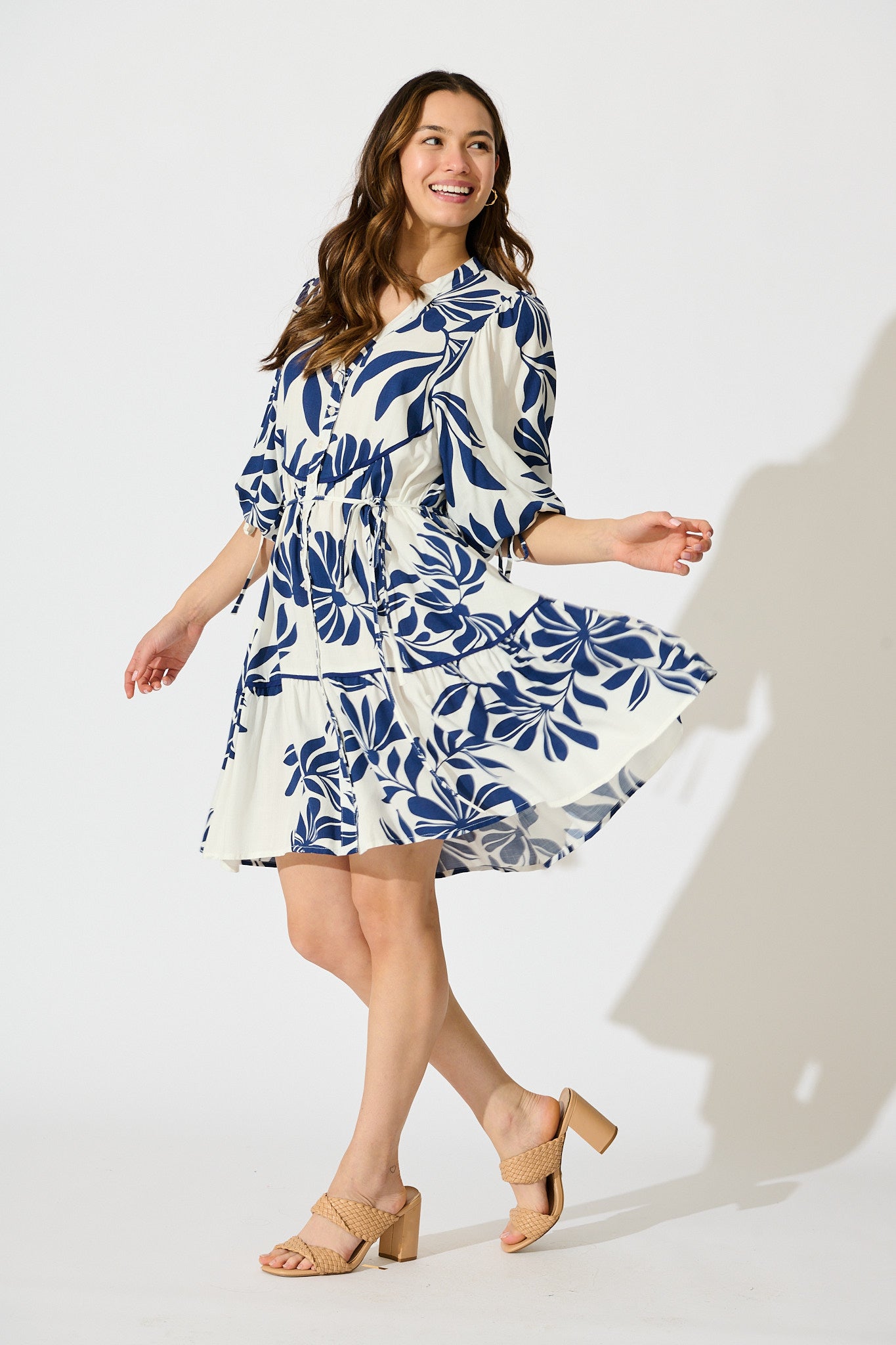 Ottilie Dress in White with Navy Leaf Linen Blend