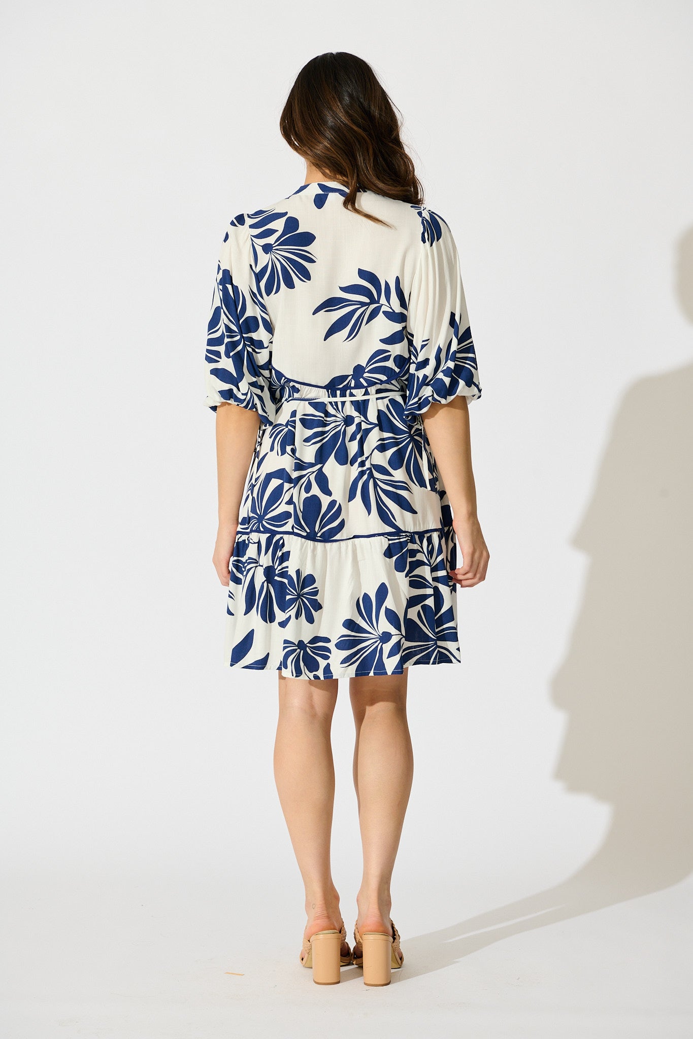 Ottilie Dress in White with Navy Leaf Linen Blend