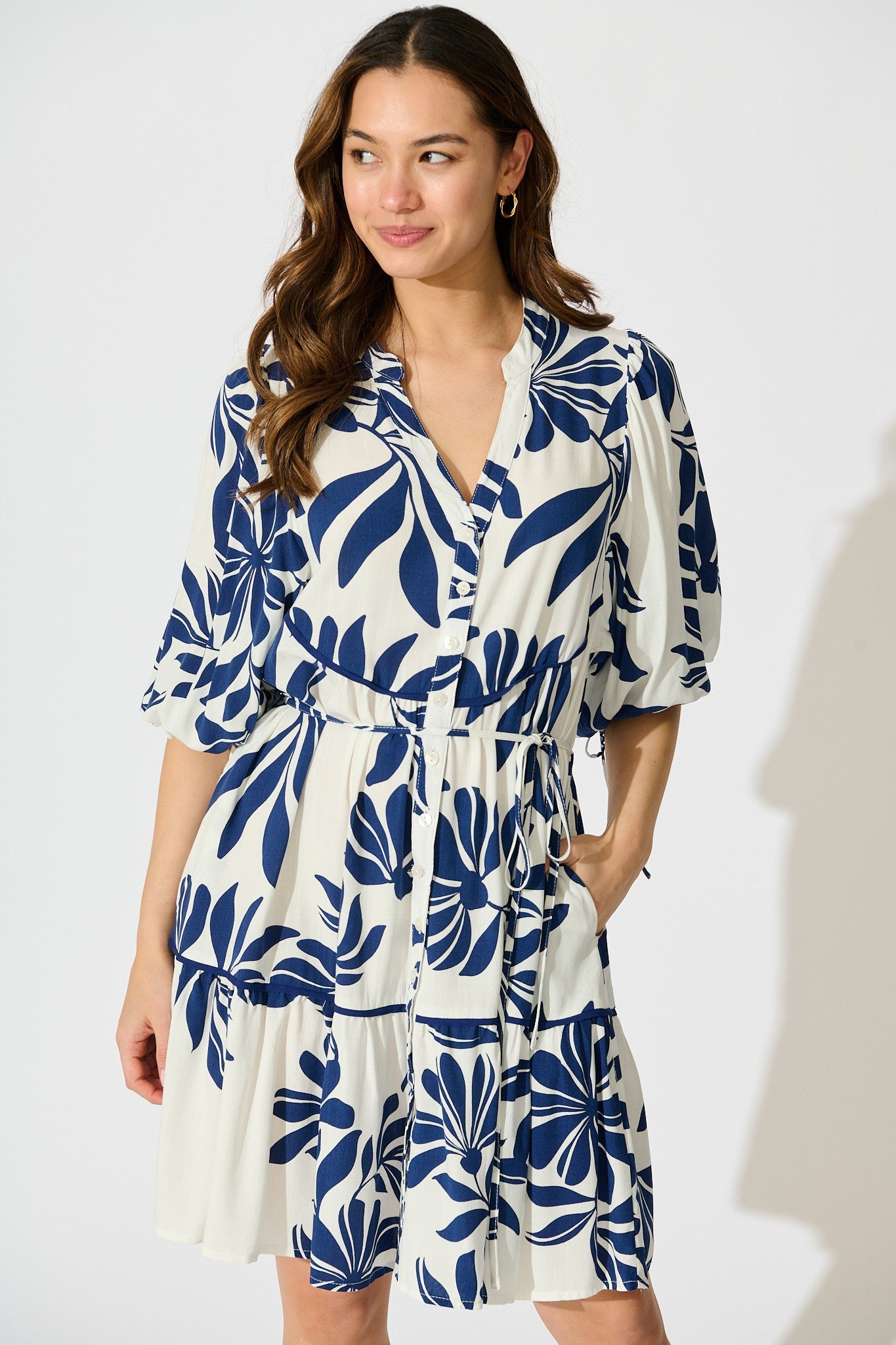 Ottilie Dress in White with Navy Leaf Linen Blend