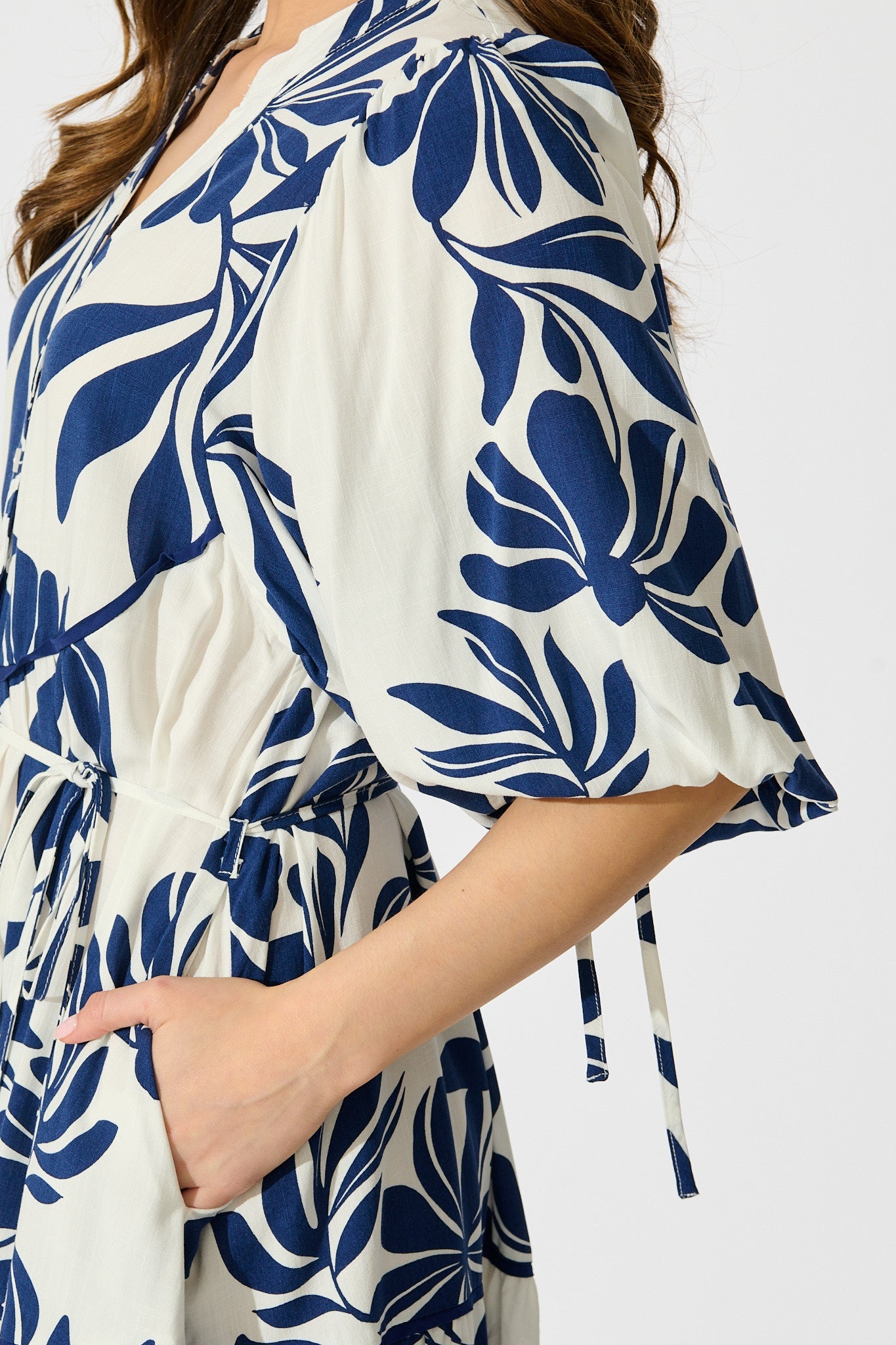 Ottilie Dress in White with Navy Leaf Linen Blend