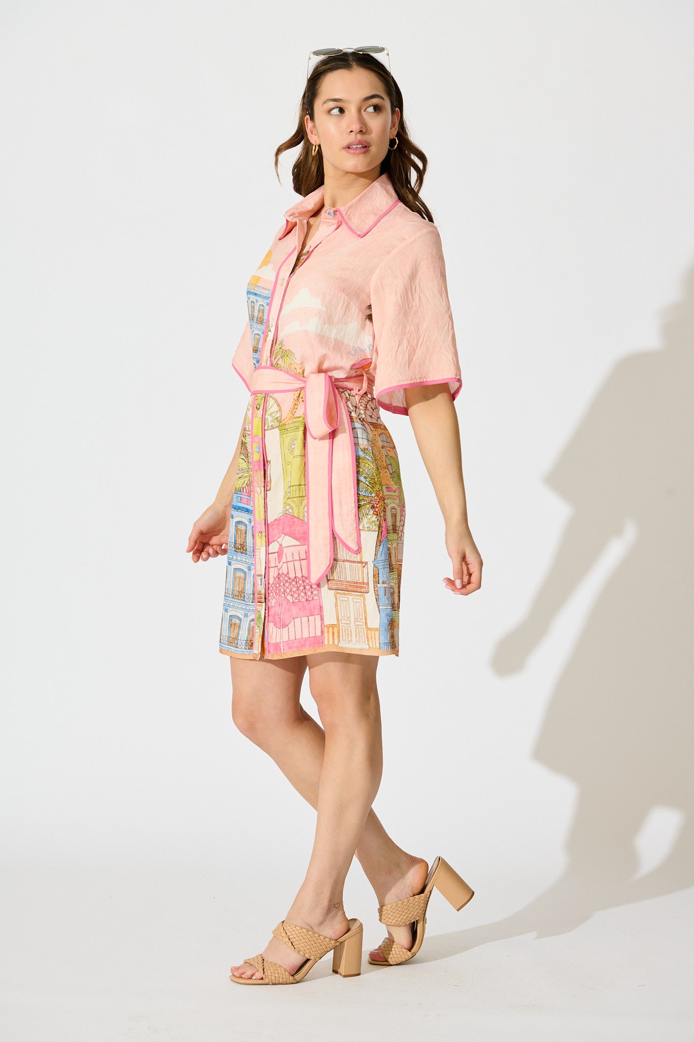 Lila Shirt Dress In In Pink with Tropical City Print