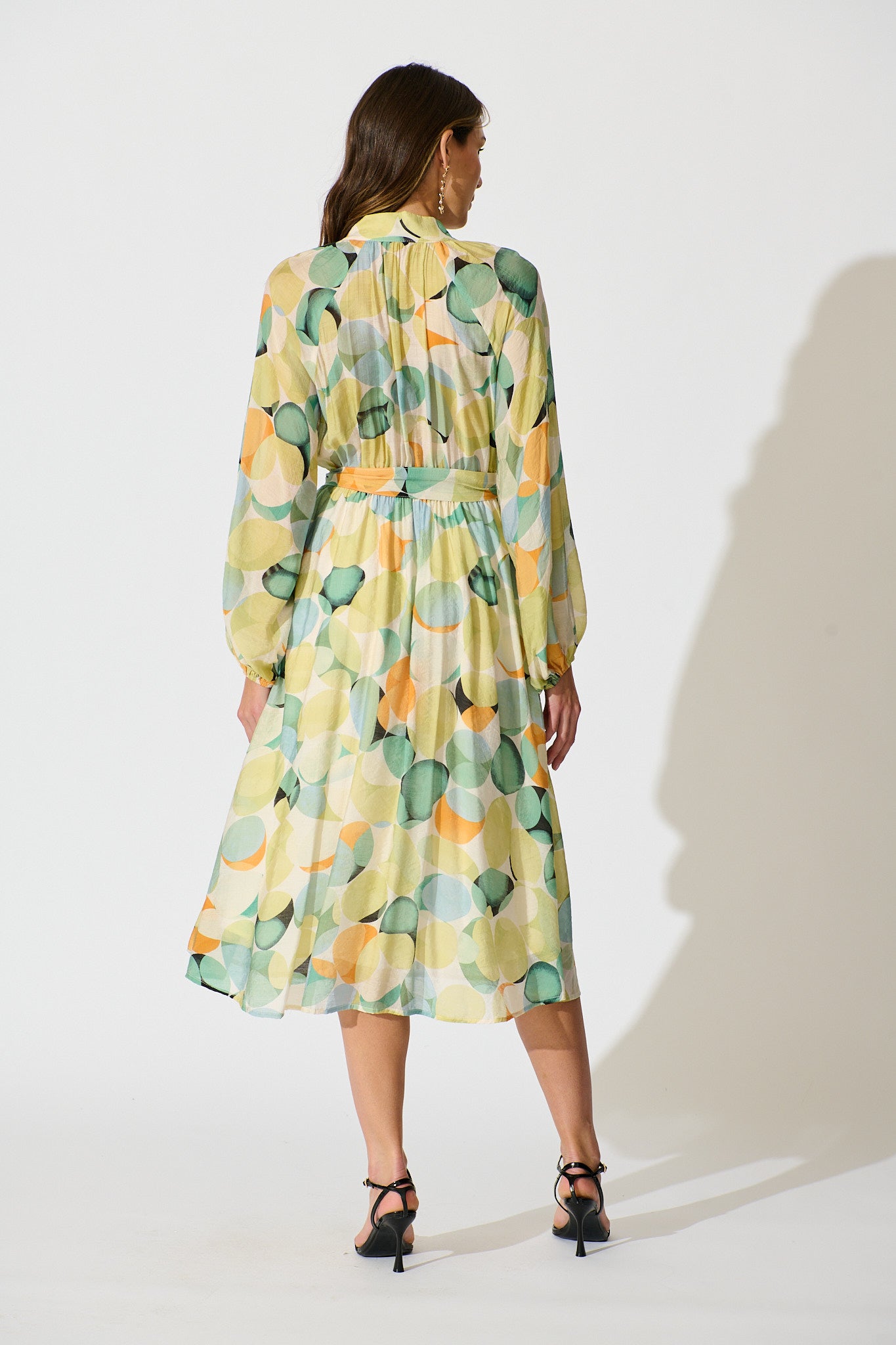 Isabeau Midi Dress in Green with Multi Watercolour Spot
