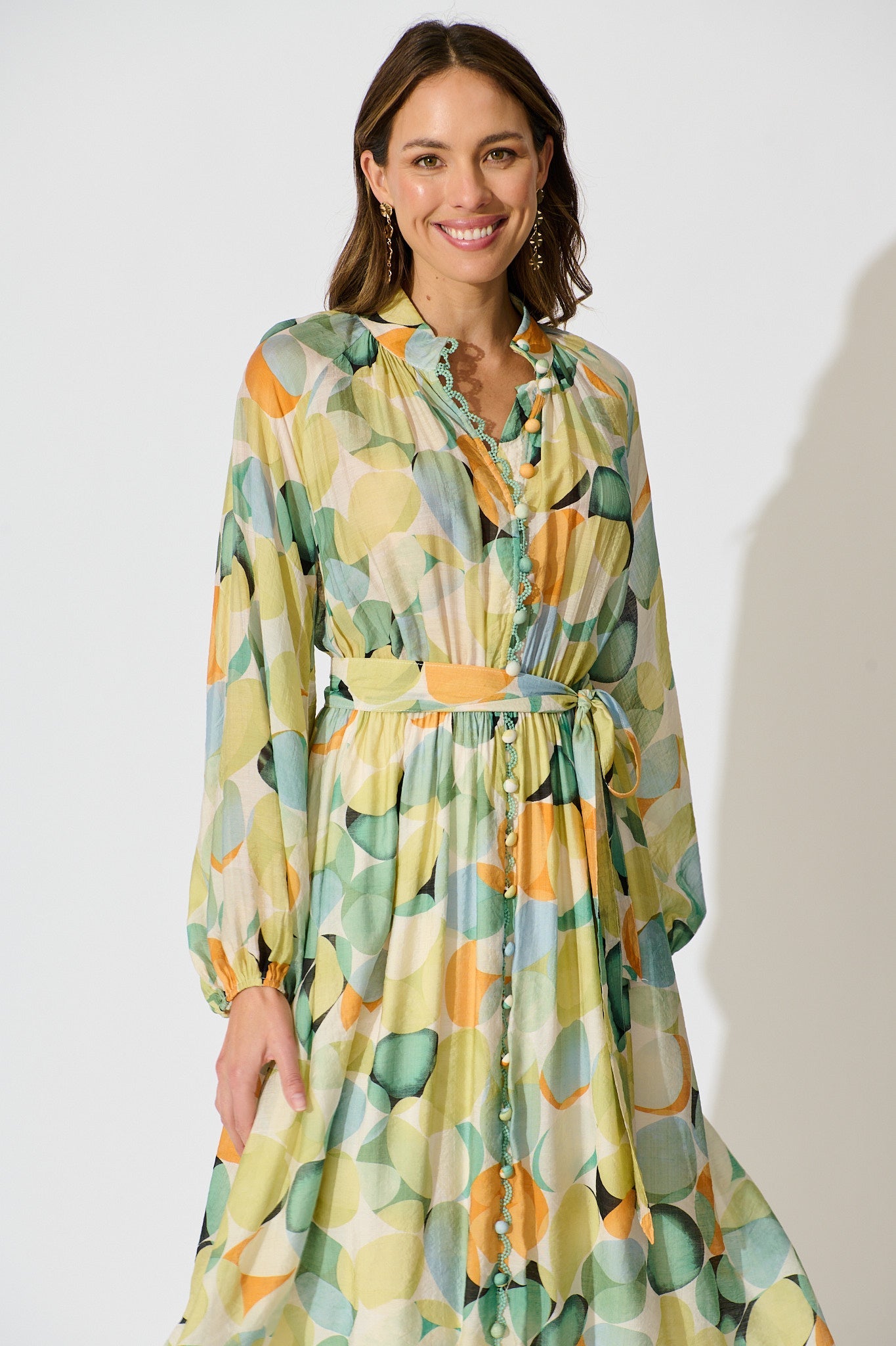 Isabeau Midi Dress in Green with Multi Watercolour Spot