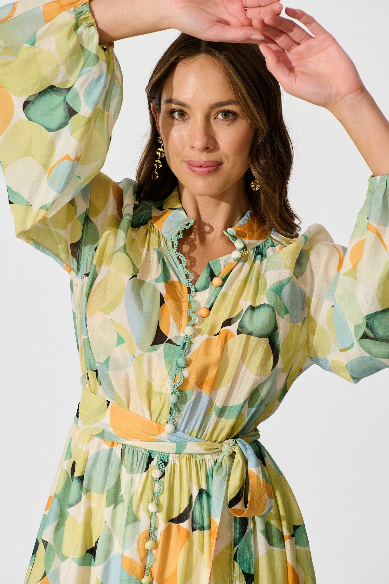 Isabeau Midi Dress in Green with Multi Watercolour Spot