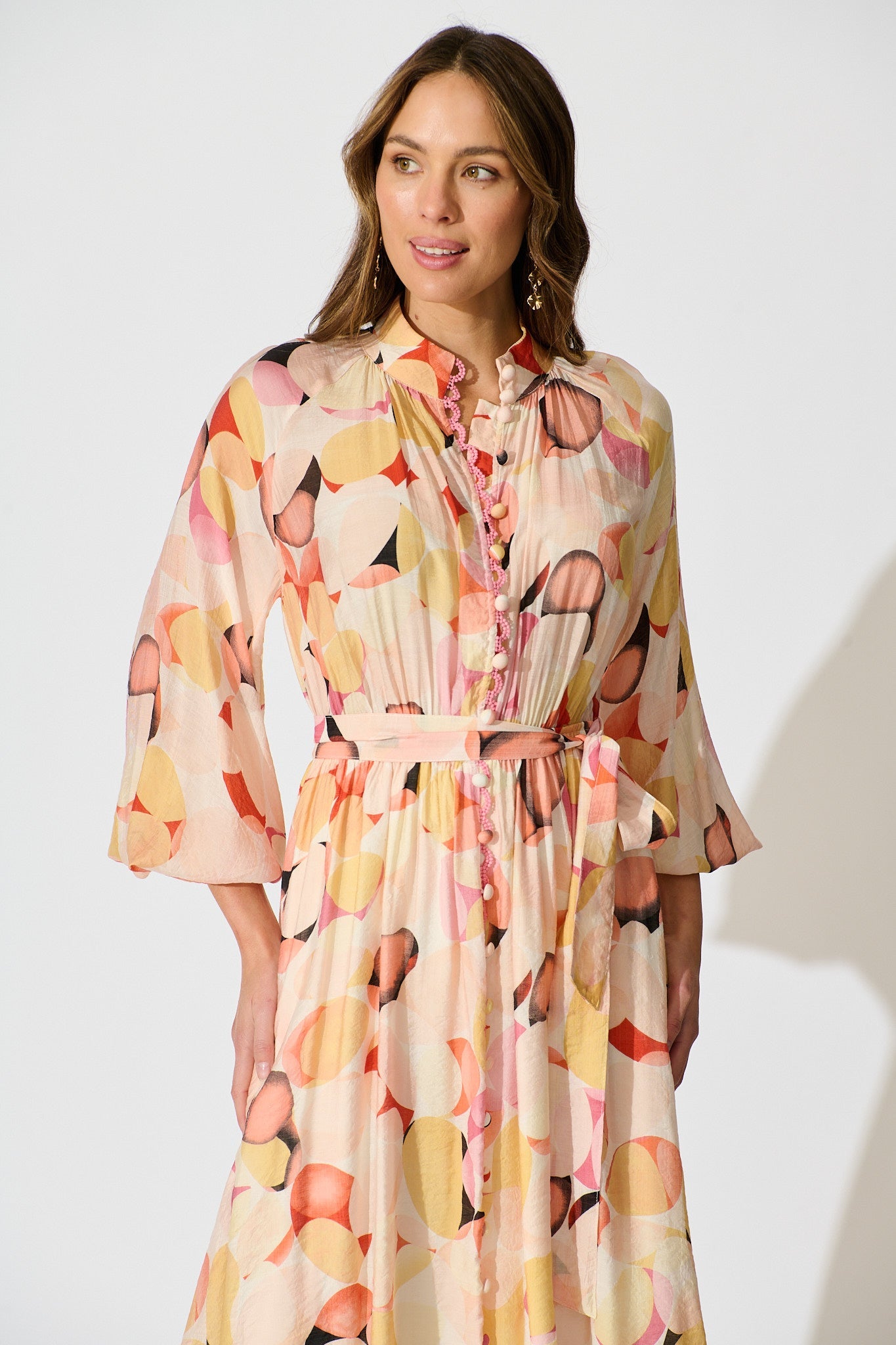 Isabeau Midi Dress in Pink with Multi Watercolour Spot