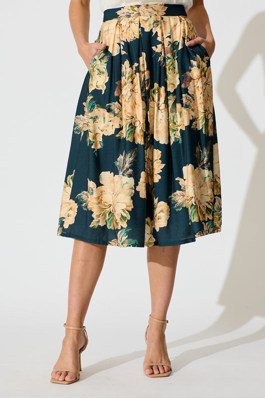 Fleurette Midi Skirt in Teal with Cream Floral