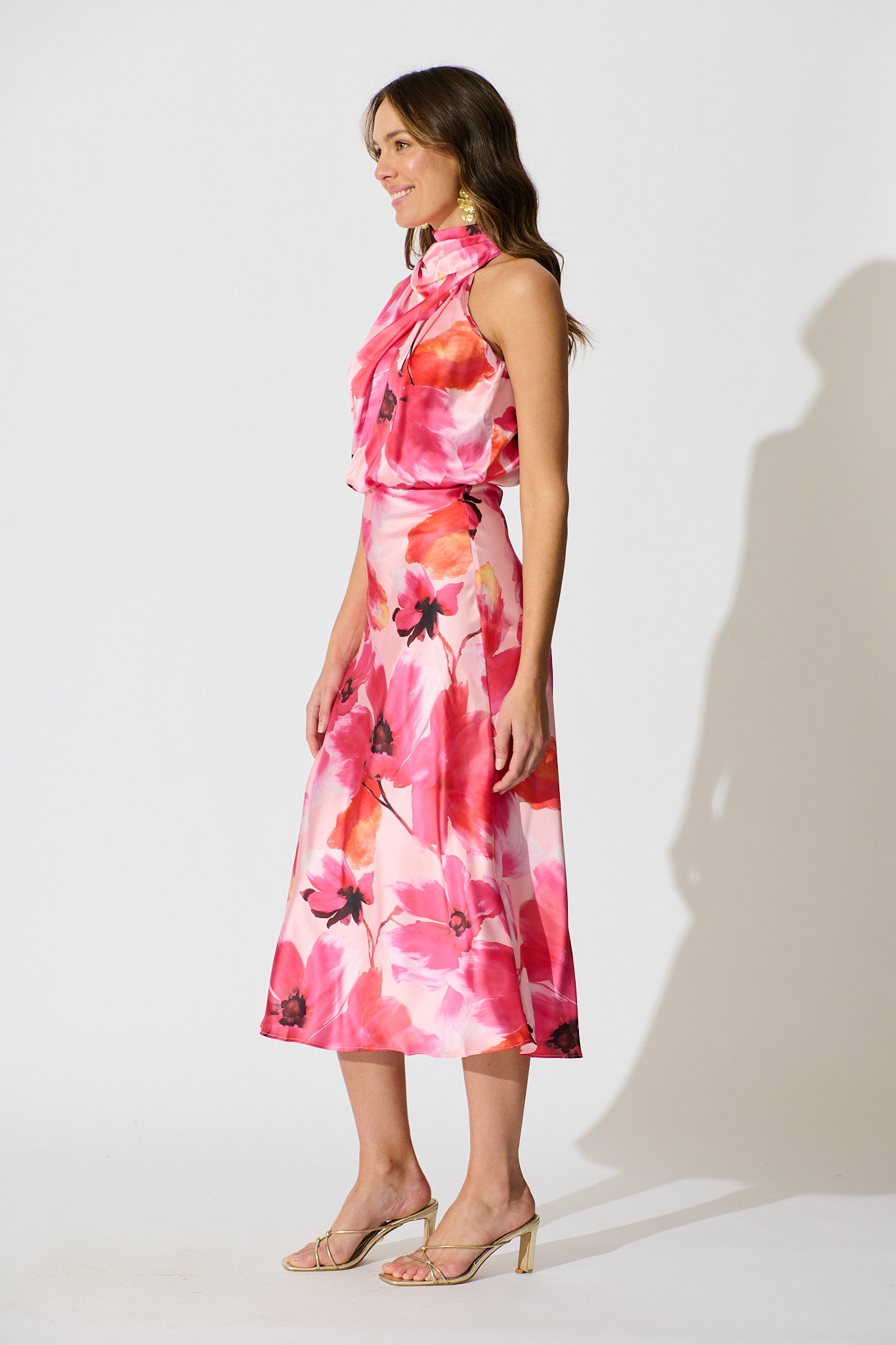 Visions Maxi Dress in Pink Floral Satin