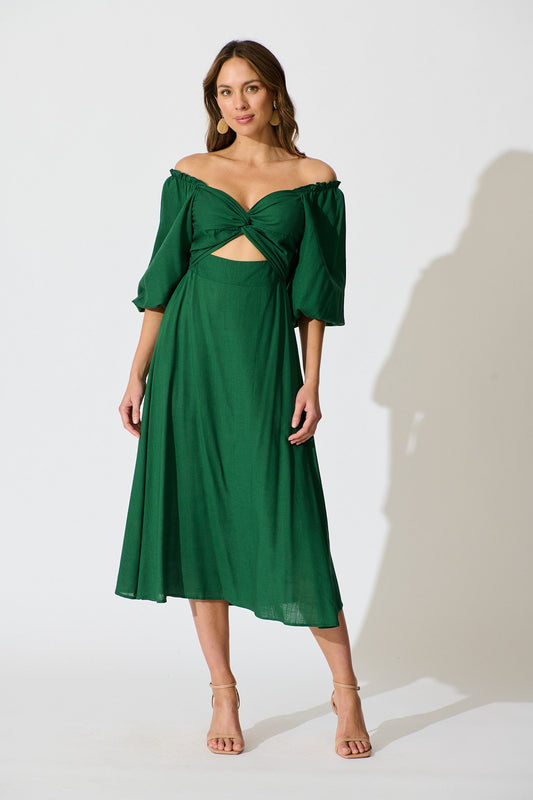 Solana Midi Dress in Emerald Linen Blend