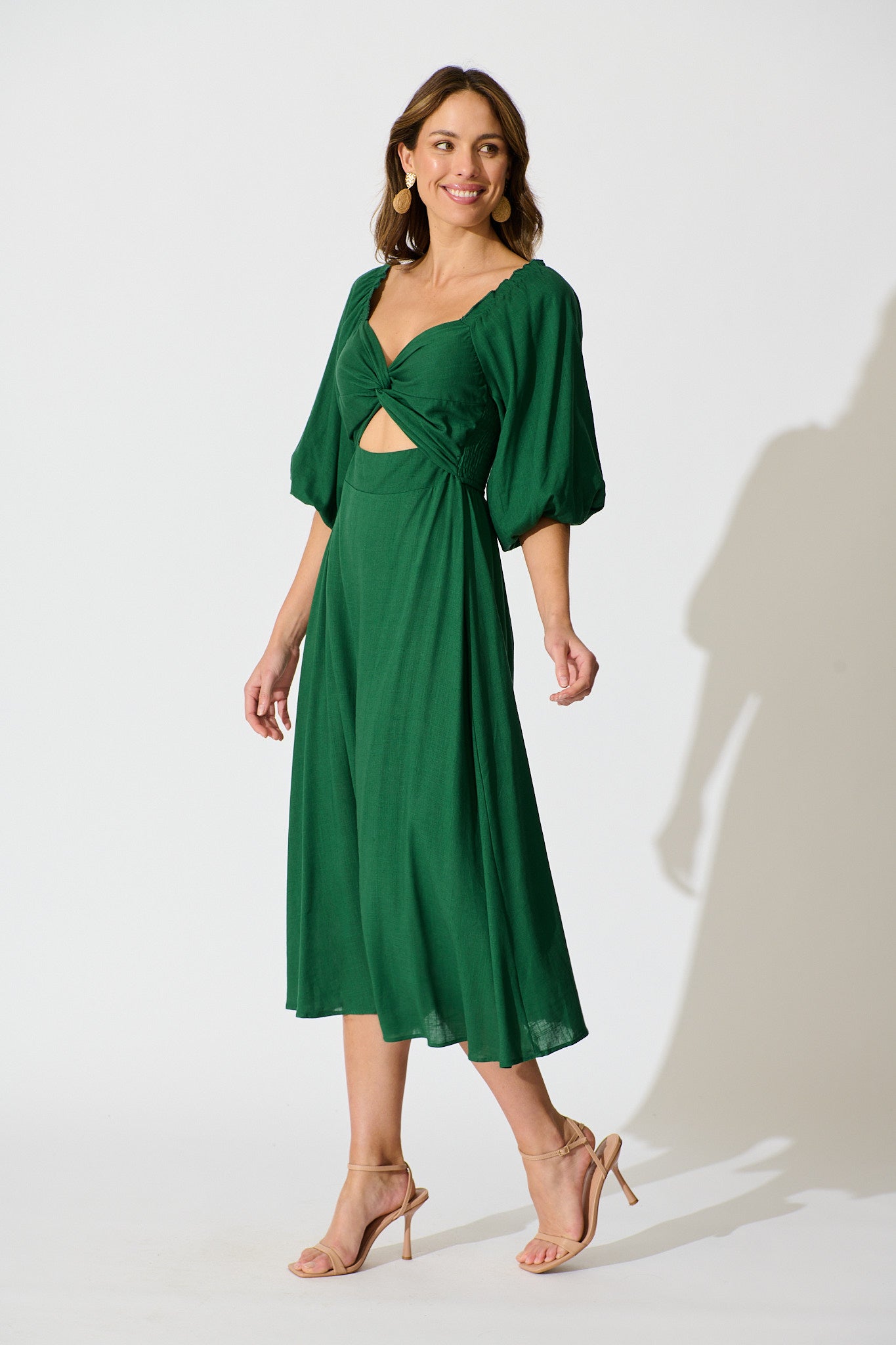 Solana Midi Dress in Emerald Linen Blend
