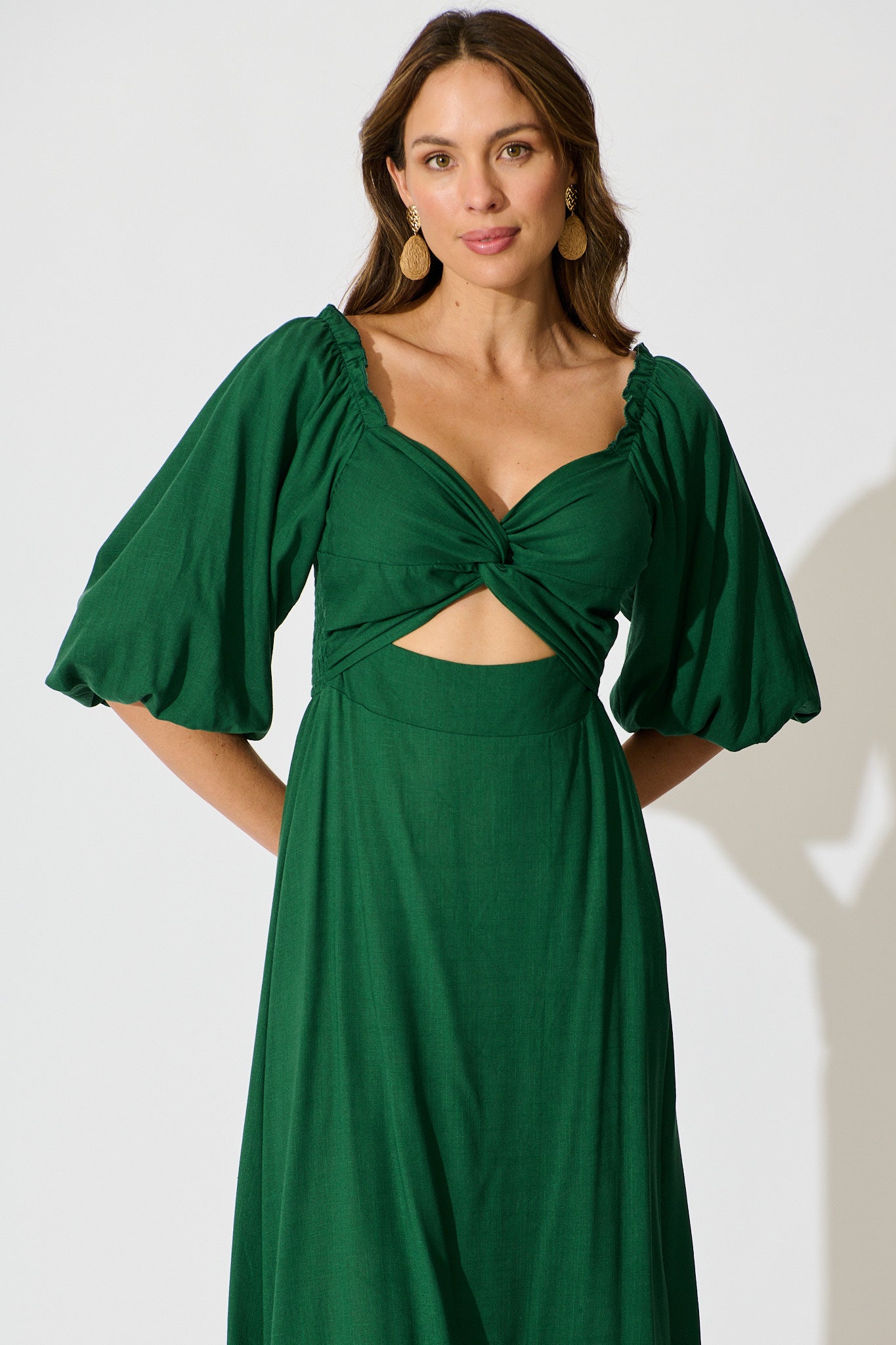 Solana Midi Dress in Emerald Linen Blend