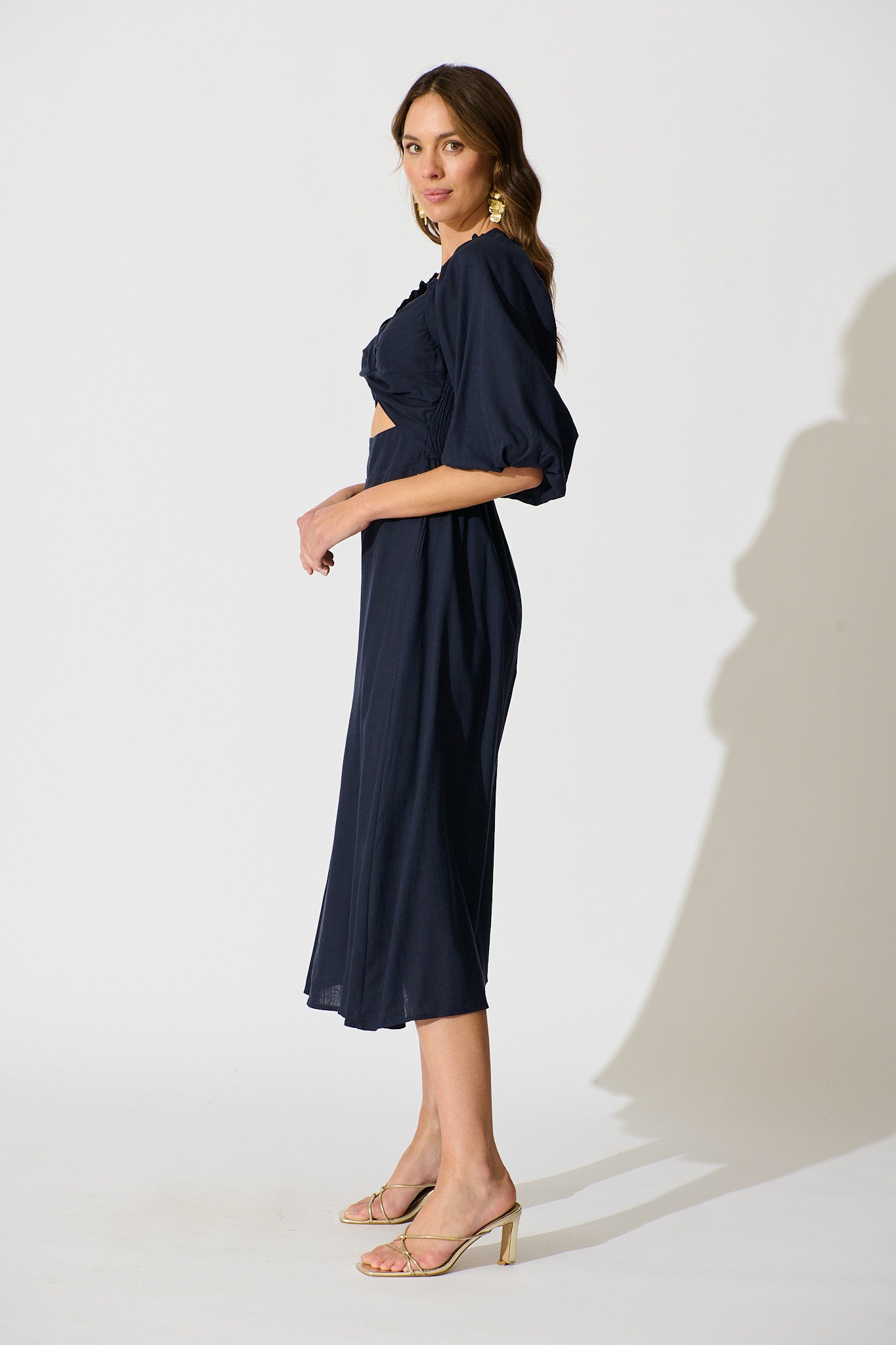 Solana Midi Dress in Navy Linen Blend