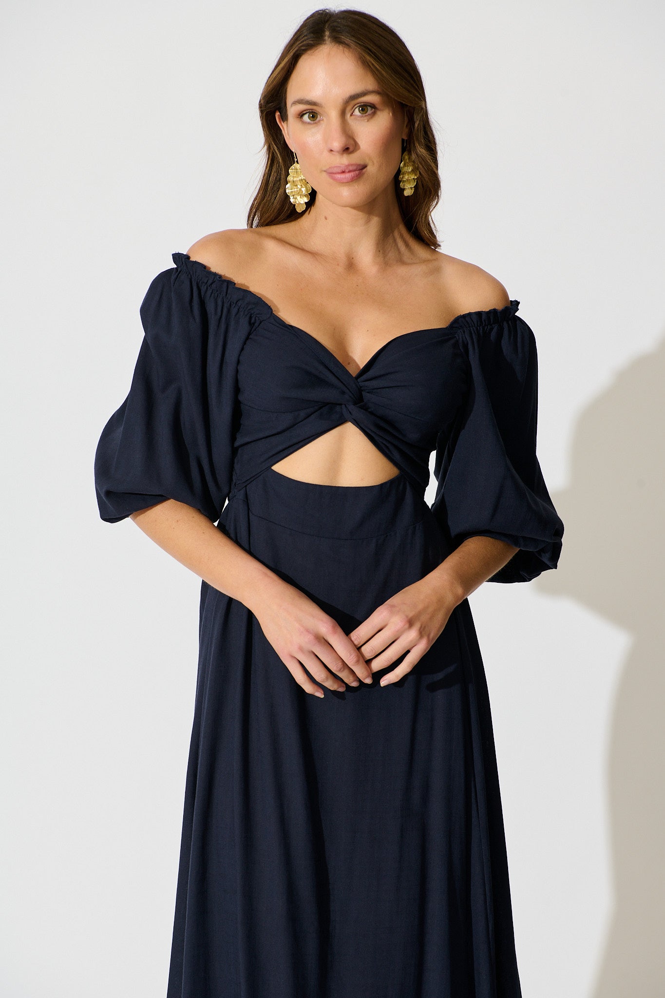 Solana Midi Dress in Navy Linen Blend