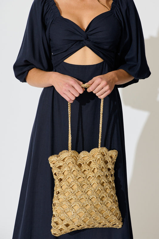Sienna Tote Bag in Natural Gold Straw with Scallop Texture