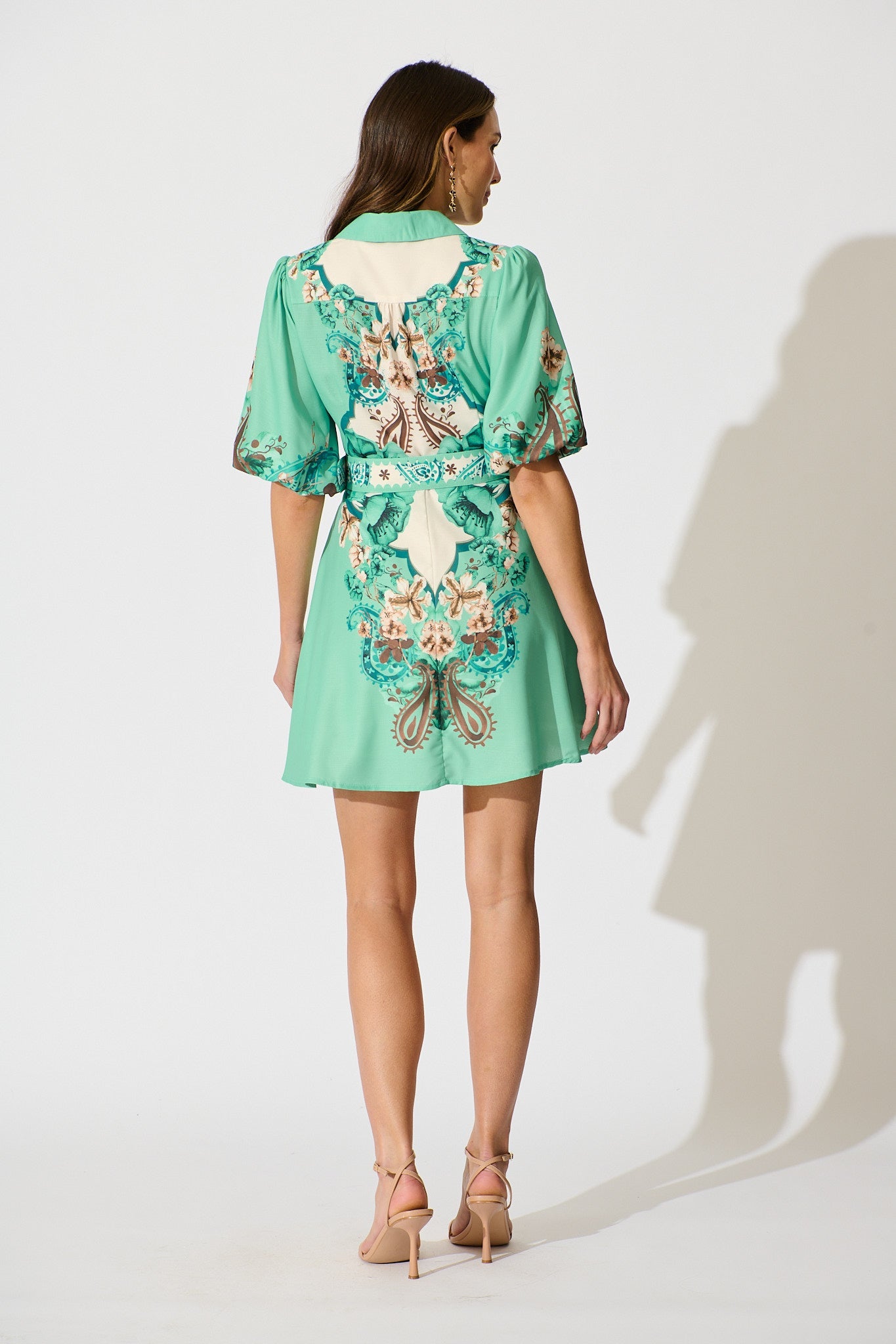 Enchanted Oasis Dress in Cream with Jade Print Linen Blend