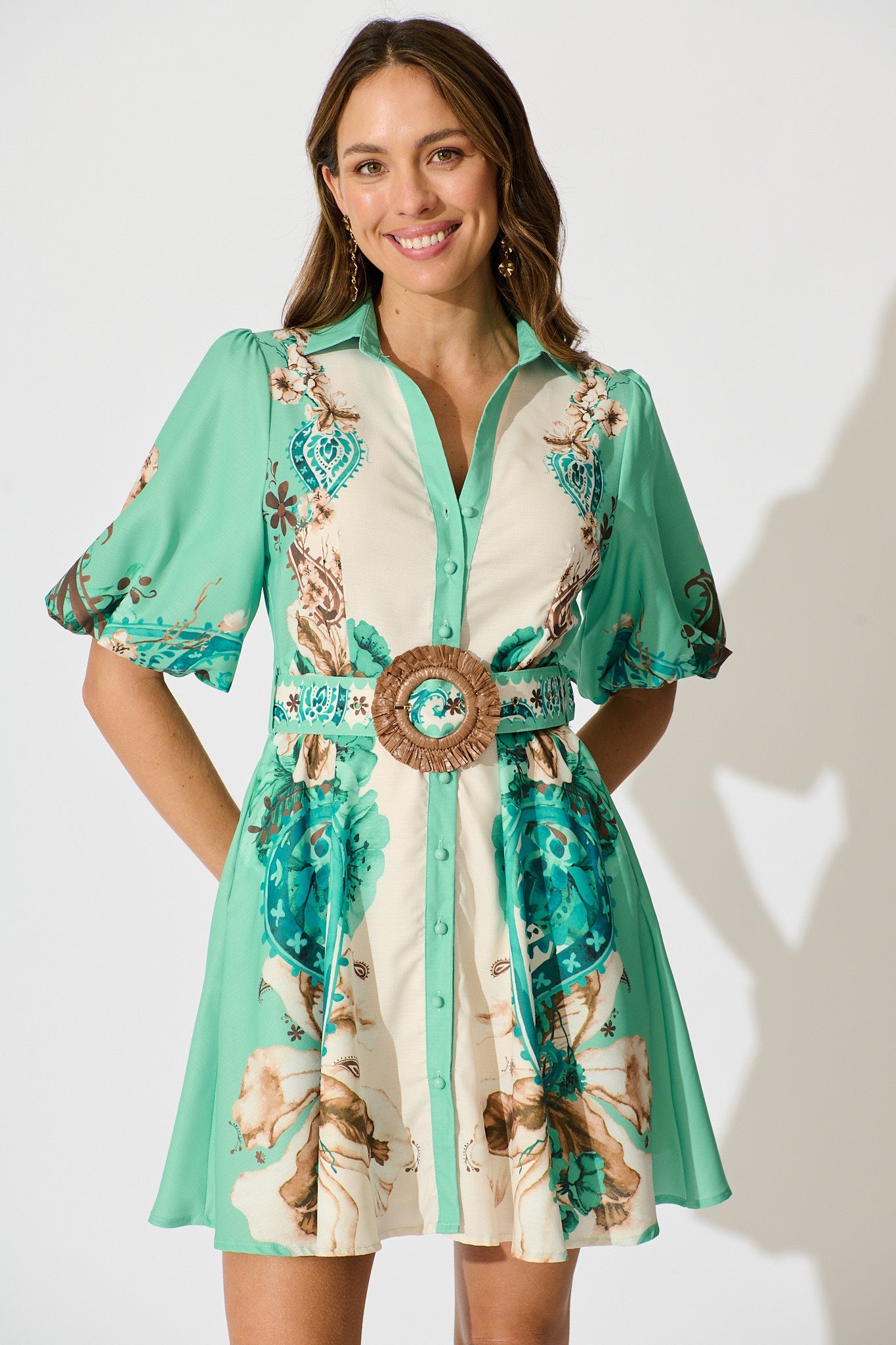 Enchanted Oasis Dress in Cream with Jade Print Linen Blend