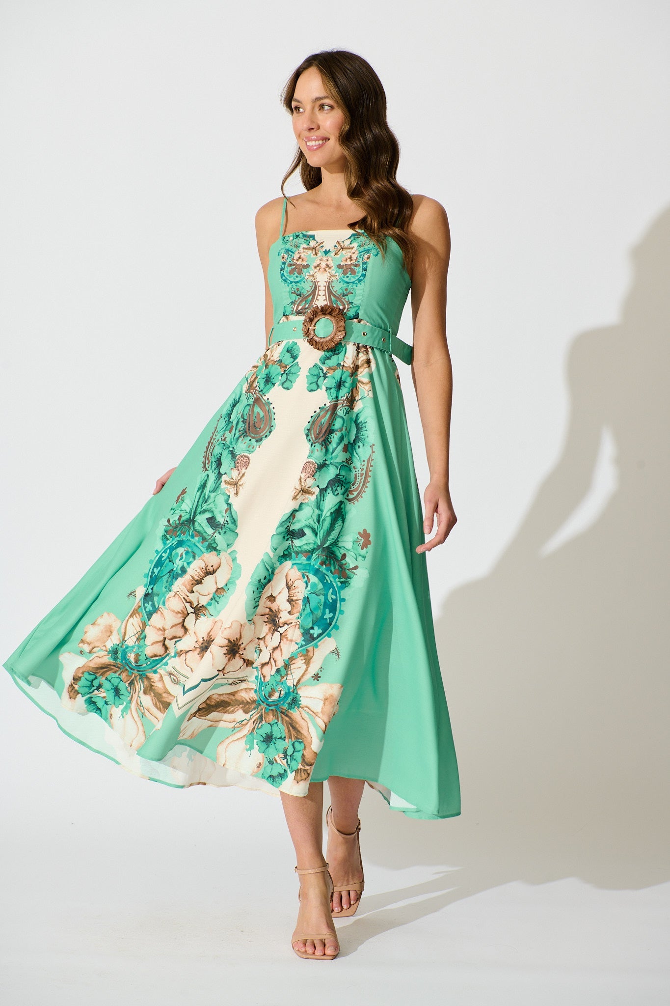 Whispers of Jade Sundress in Cream with Jade Print Linen Blend