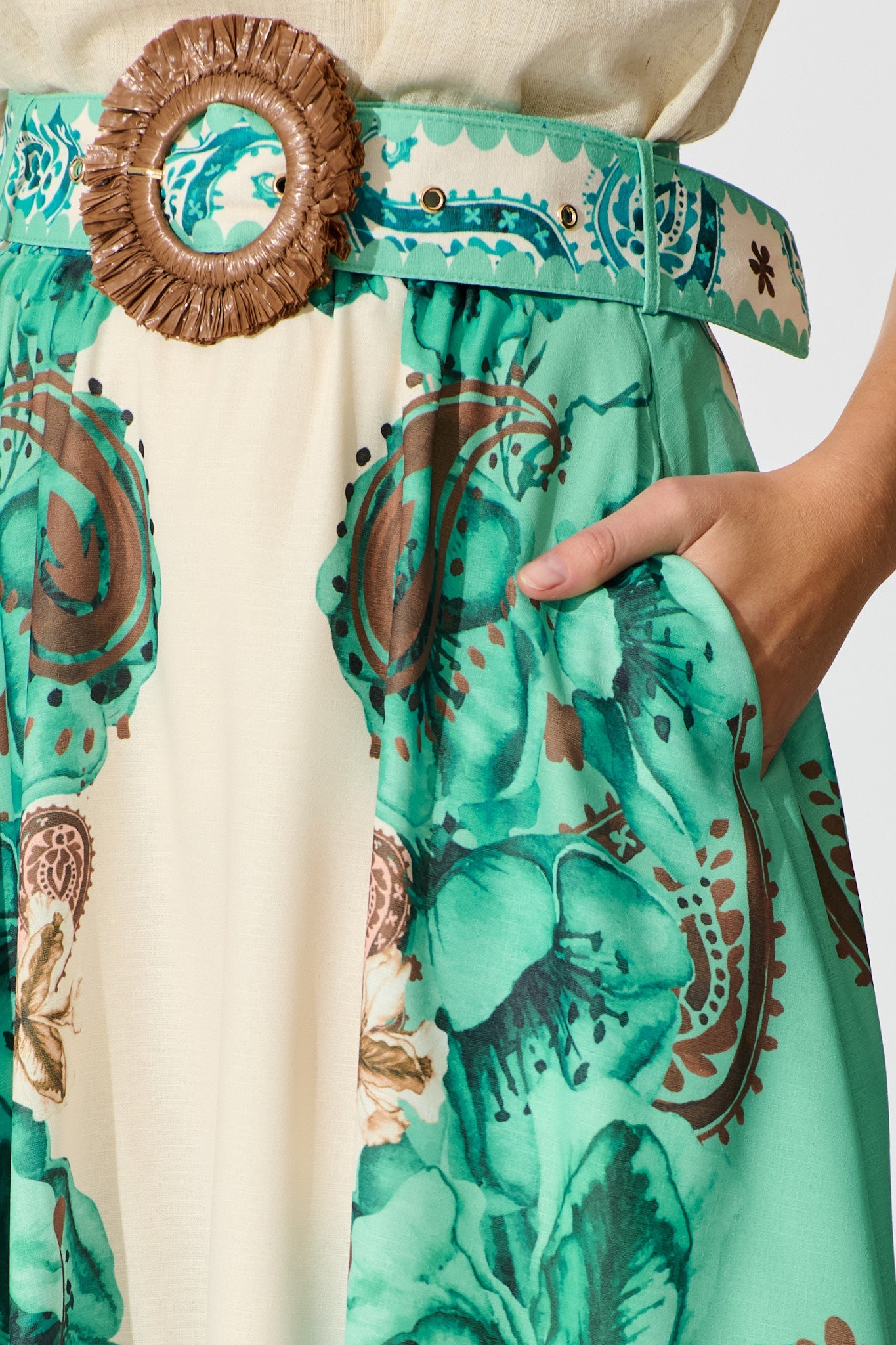 Boheme Breeze Skirt in Cream with Jade Print Linen Blend