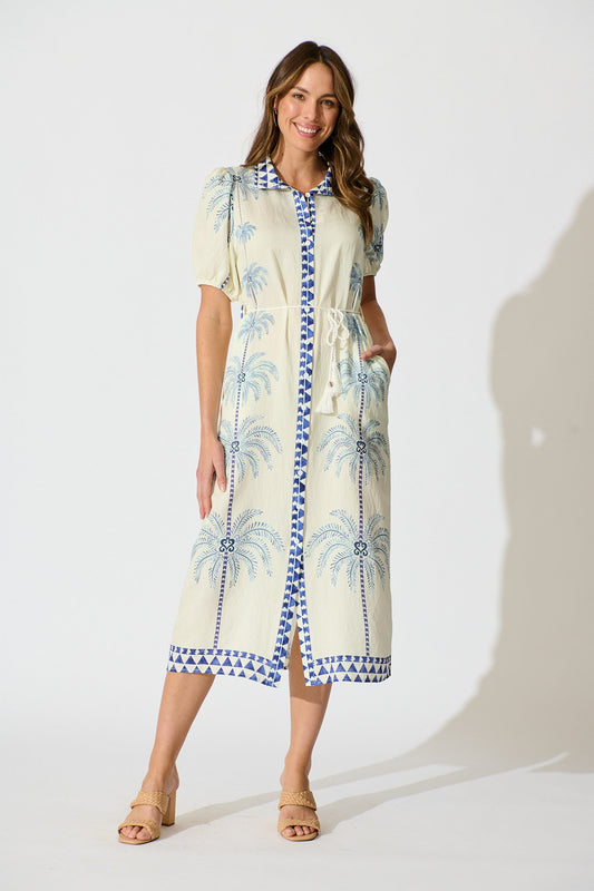 Palmira Midi Shirt Dress in Cream with Navy Palm Tree