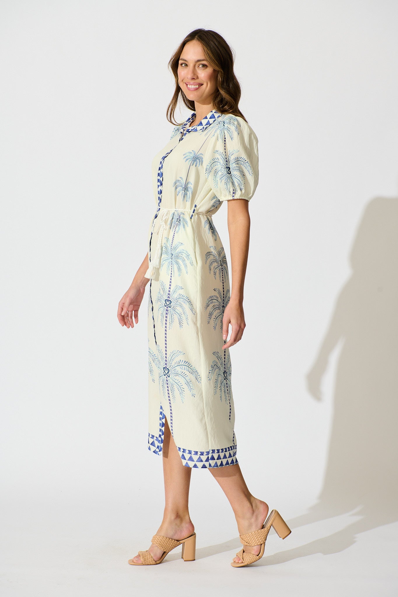 Palmira Midi Shirt Dress in Cream with Navy Palm Tree