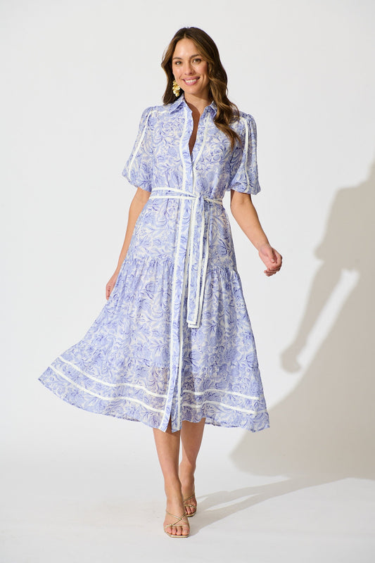 Zora Maxi Shirt Dress in Blue Floral Cotton Blend