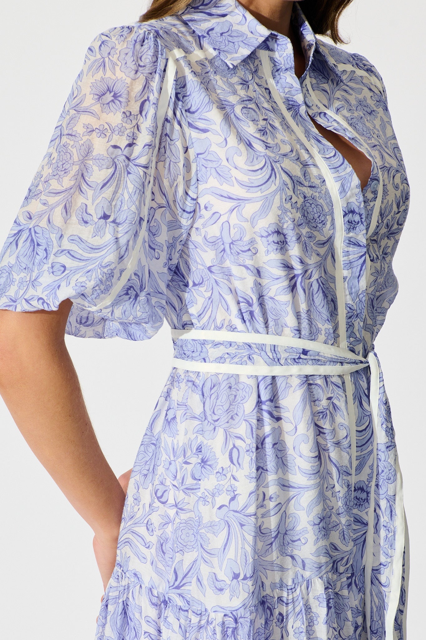 Zora Maxi Shirt Dress in Blue Floral Cotton Blend