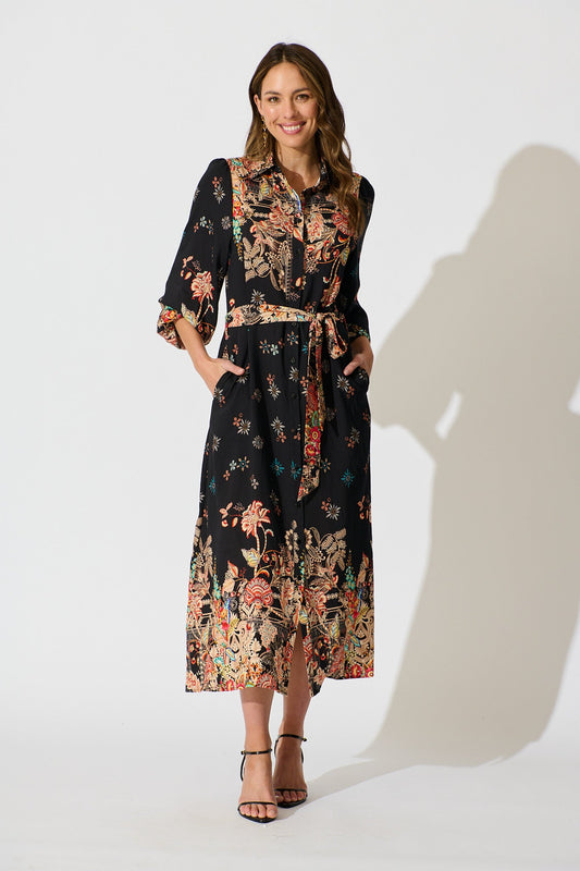 Tamlyn Maxi Shirt Dress in Black Floral Linen Blend