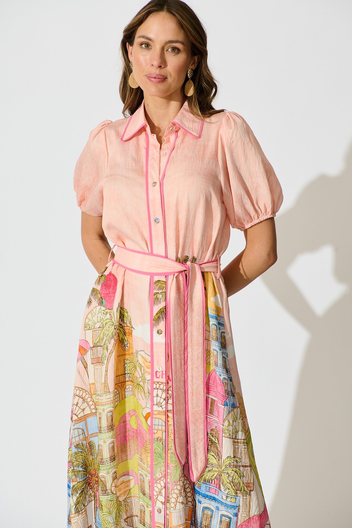 Norah Midi Shirt Dress In Pink with Tropical City Print
