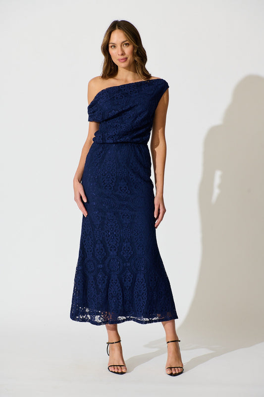 Valencia Lace Midi Dress in Navy