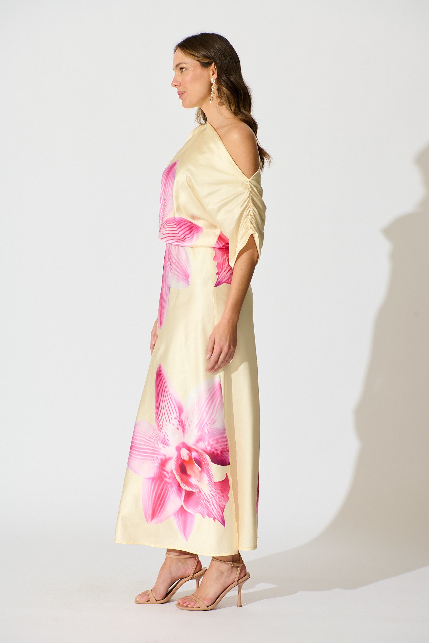 Sarita Maxi Off Shoulder Dress in Butter Yellow Floral Satin