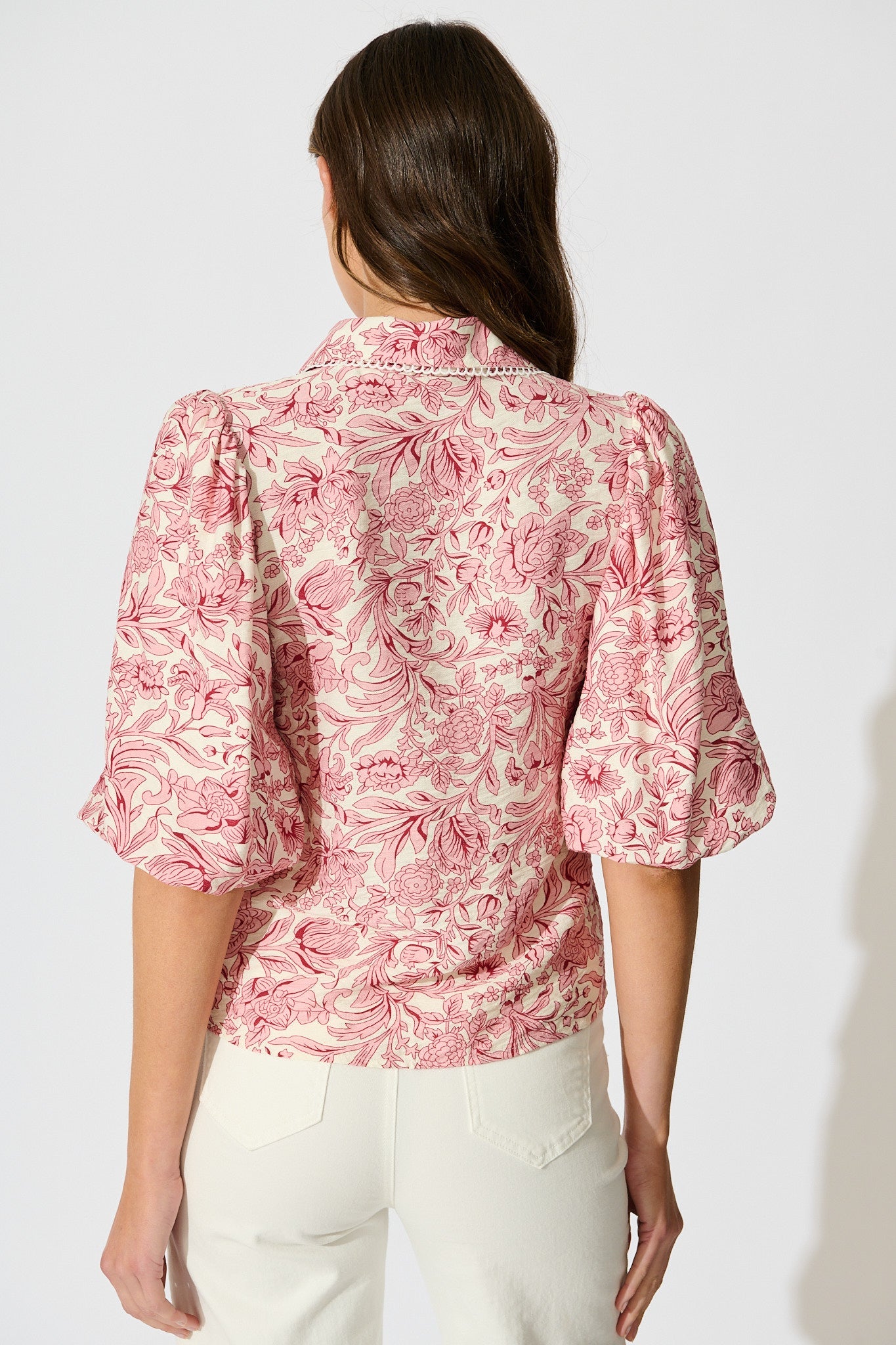 Azami Shirt in White with Pink Floral