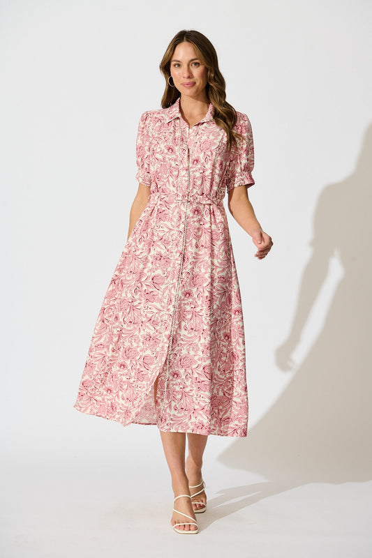 Sharmaine Maxi Shirt Dress in White with Pink Floral