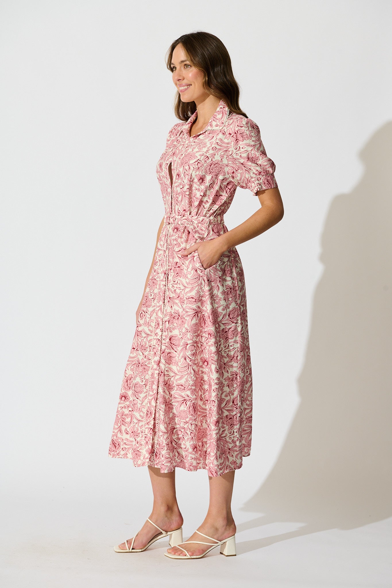 Sharmaine Maxi Shirt Dress in White with Pink Floral