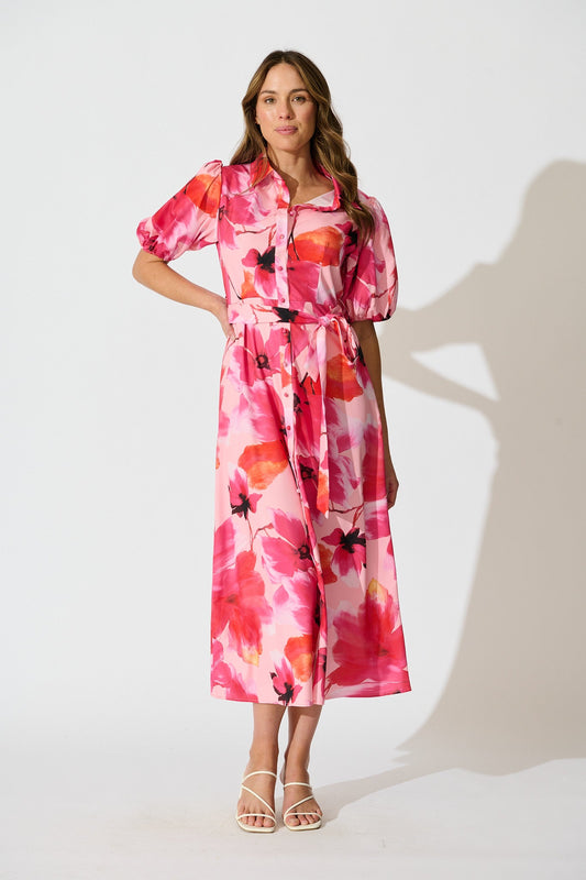 Gabriela Maxi Shirt Dress in Pink Floral Satin