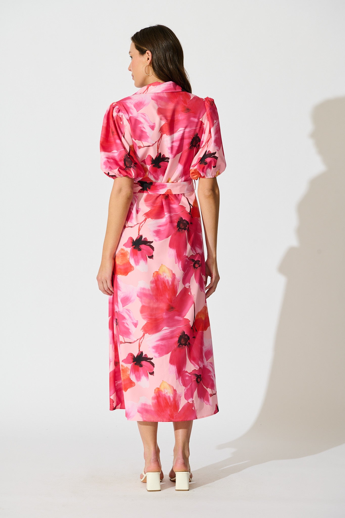 Gabriela Maxi Shirt Dress in Pink Floral Satin