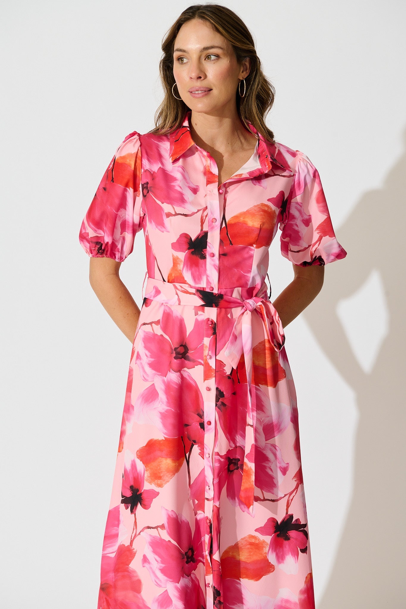 Gabriela Maxi Shirt Dress in Pink Floral Satin